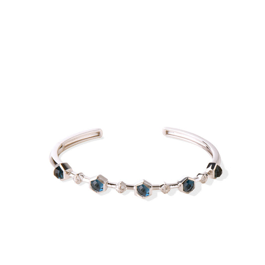 Solid Gold Natural White Diamond Blue Topaz Bangle Bracelet