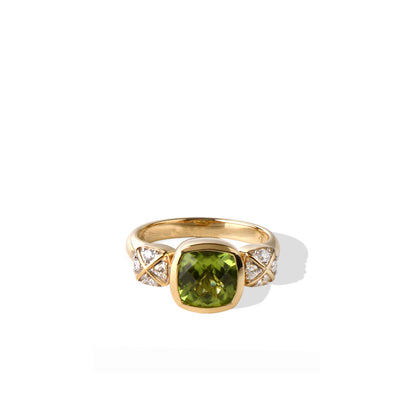 Peridot Ring | Cushion Corner Peridot White Diamond Yellow Gold Princess Ring