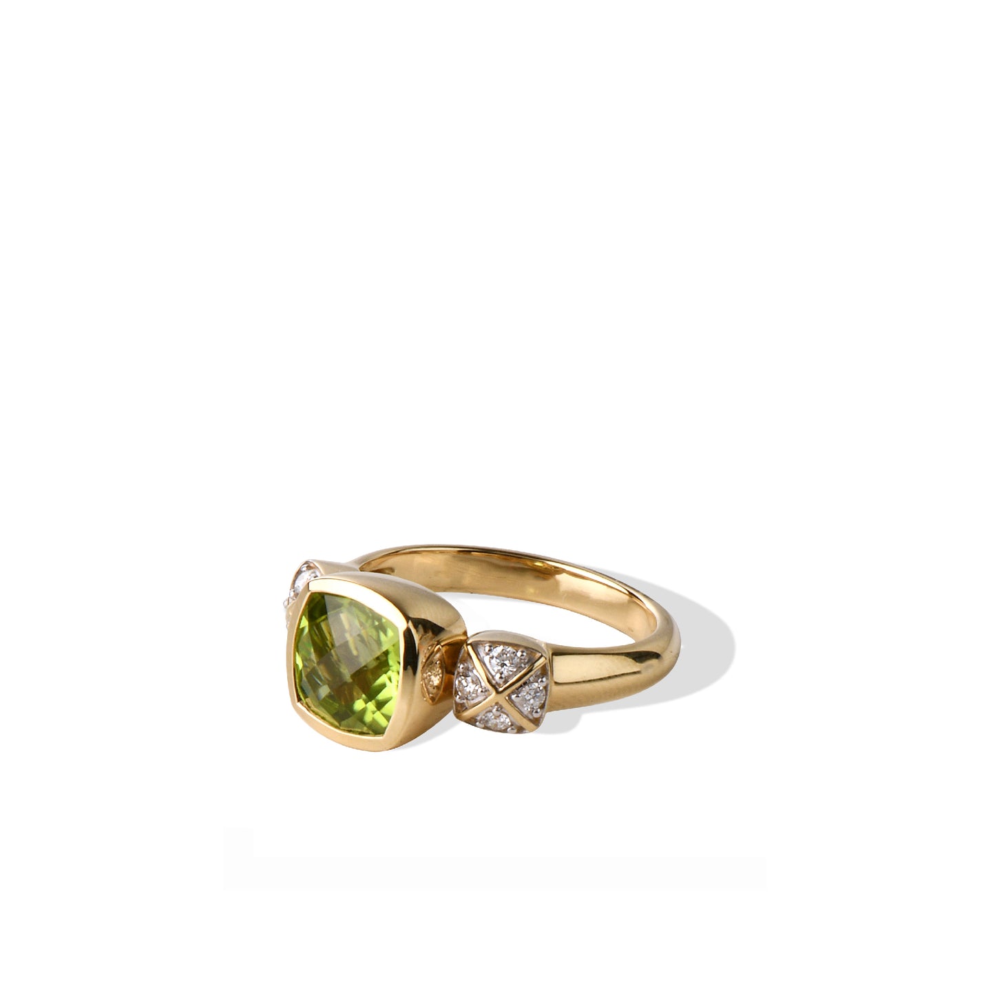 Peridot Ring | Cushion Corner Peridot White Diamond Yellow Gold Princess Ring