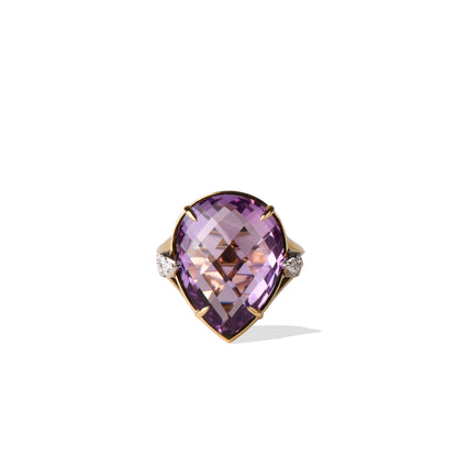 Amethyst Ring | Pear-Shaped Purple Amethyst White Diamond Yellow Gold Ring