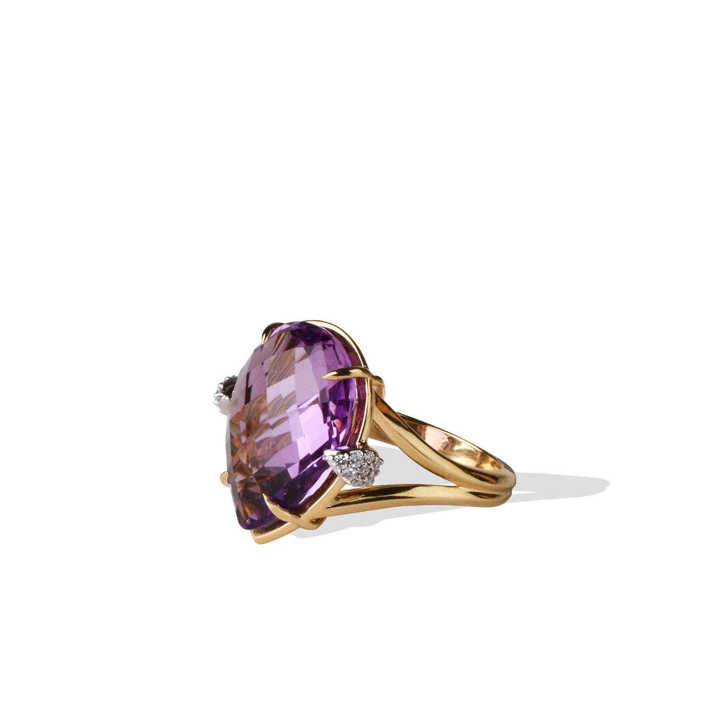 Solid Gold Natural White Diamond Amethyst Ring