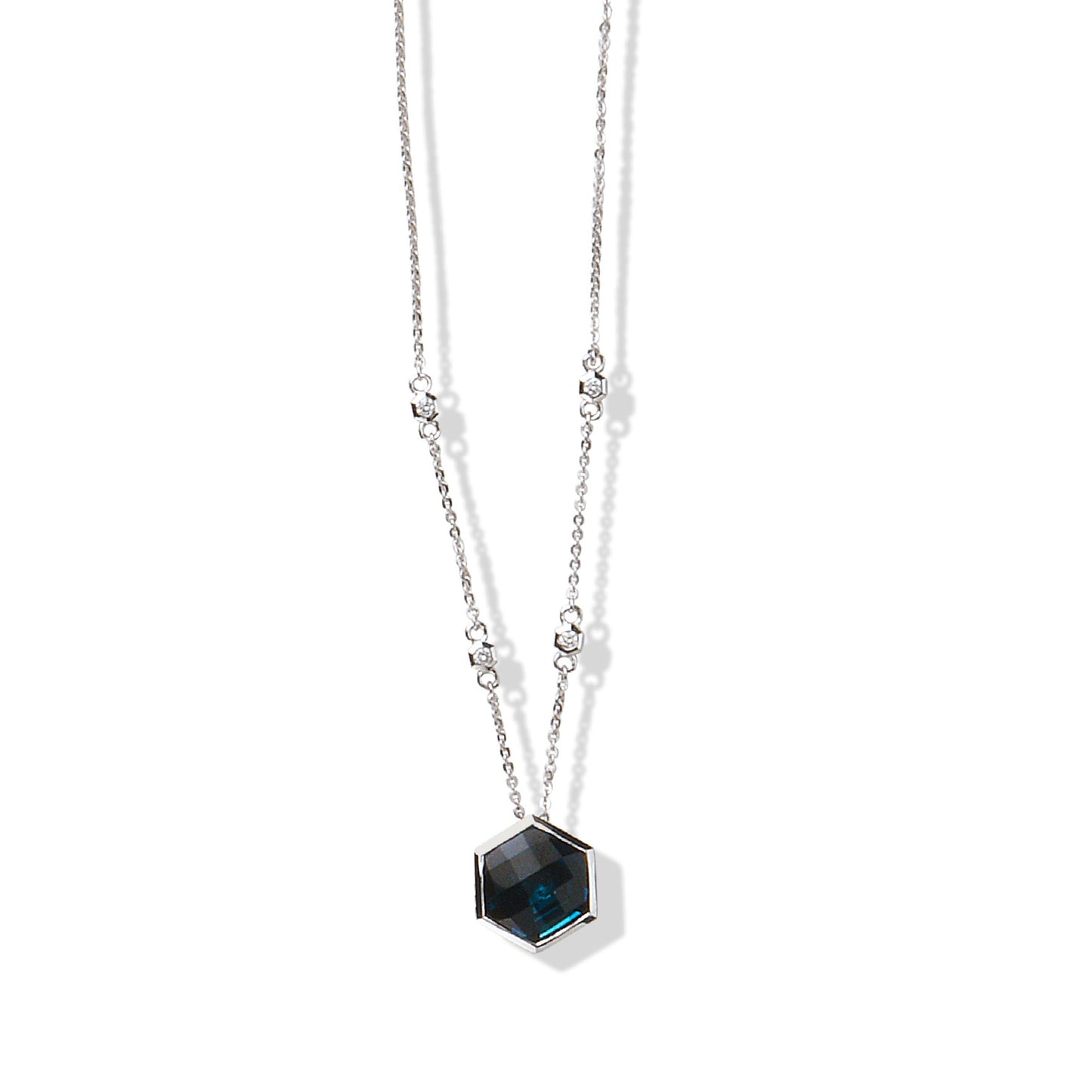 Solid Gold Natural White Diamond London Blue Topaz Necklace