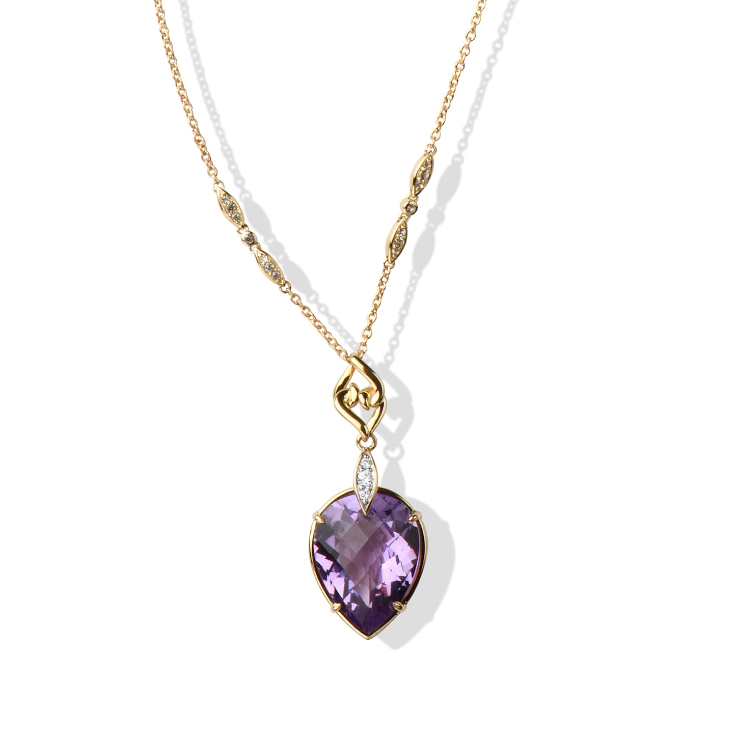 Solid Gold Natural White Diamond Amethyst Necklace