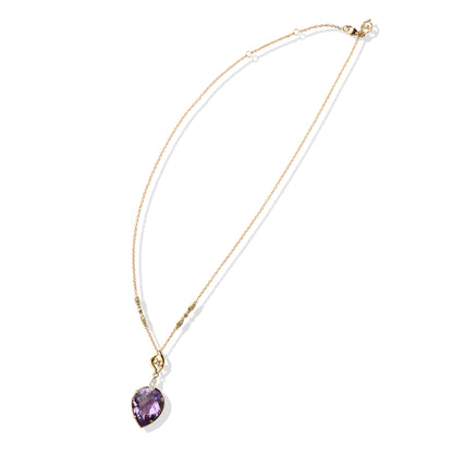 Amethyst Pendant Necklace | Pear-Shaped Amethyst Pendant Necklace with White Diamonds and Yellow Gold