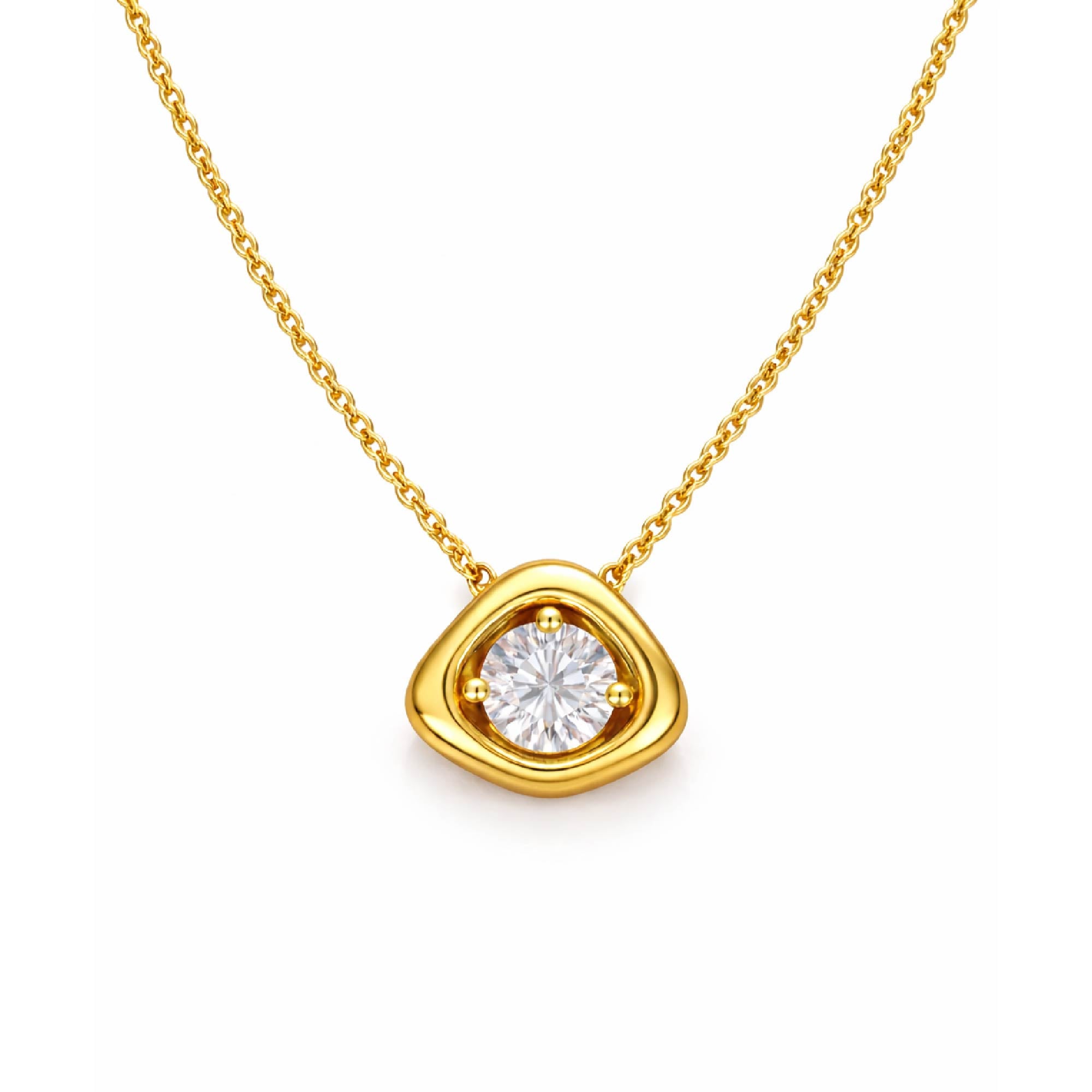 Gold necklace with a diamond pendant on a white background