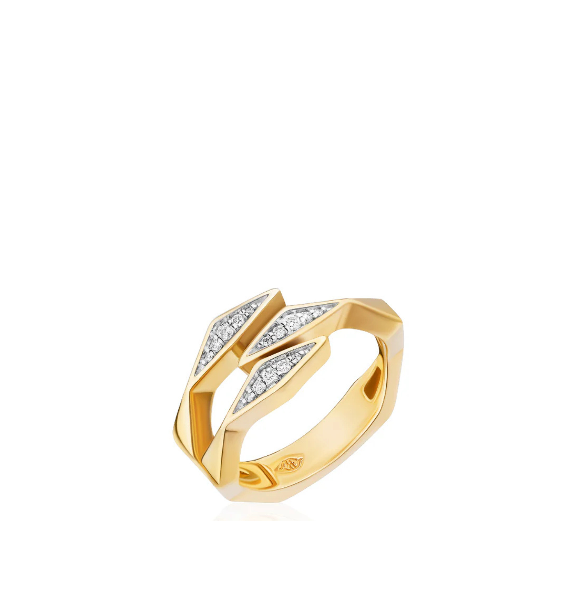 Gold ring with diamond accents on a white background