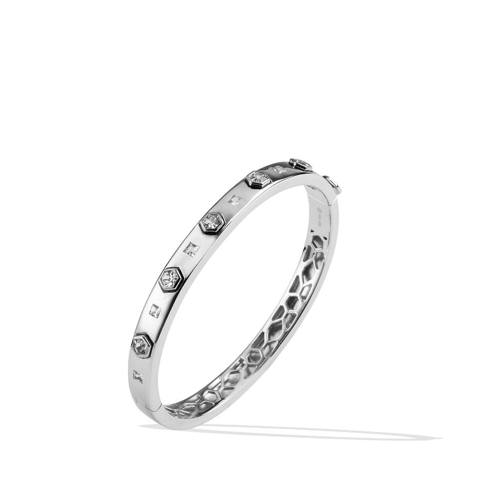 Sterling Silver Bangle Bracelet | Silver Bangle with Hexagon White Sapphires