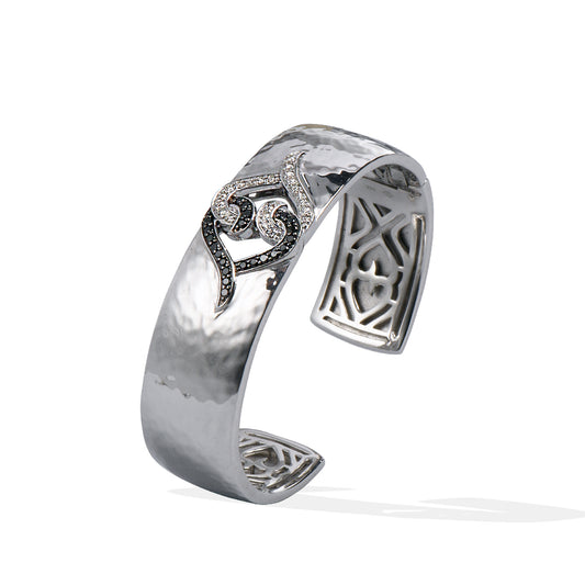 Silver Diamond Bracelet | Wide Black and White Diamond Sterling Silver Bangle by Lolovivi