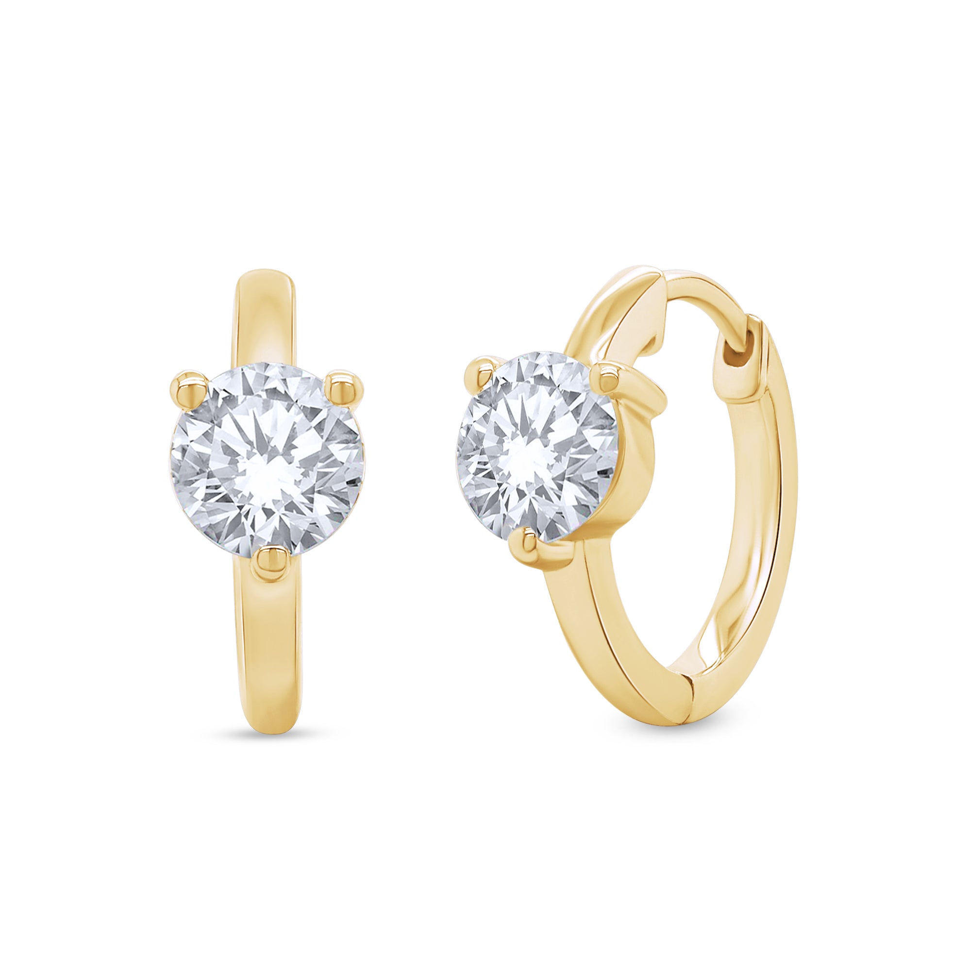 Gold hoop earrings with clear gemstones on a white background