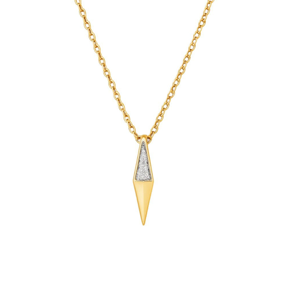 Gold necklace with a diamond-shaped pendant on a white background