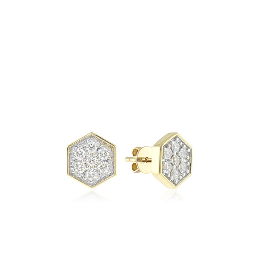 Solid Gold White Diamond Hexagon Stud Earrings