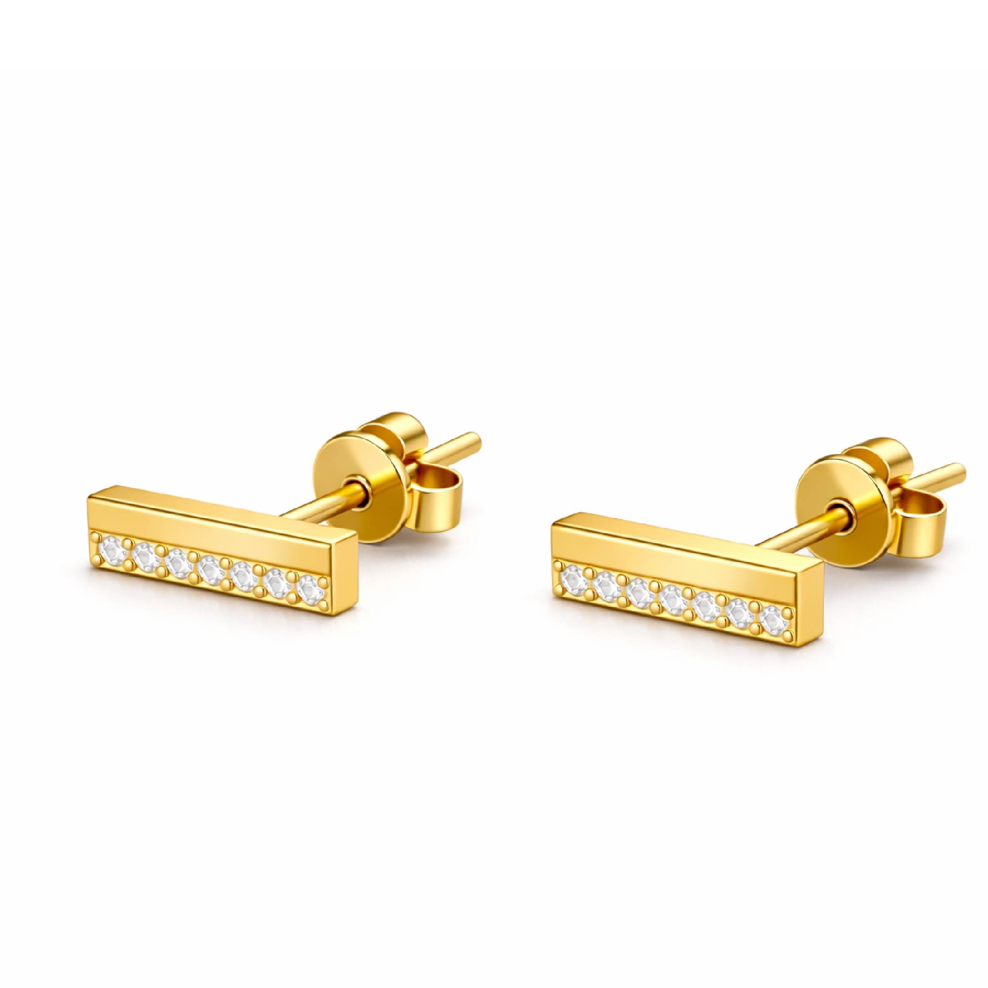 Gold bar earrings with embedded stones on a white background