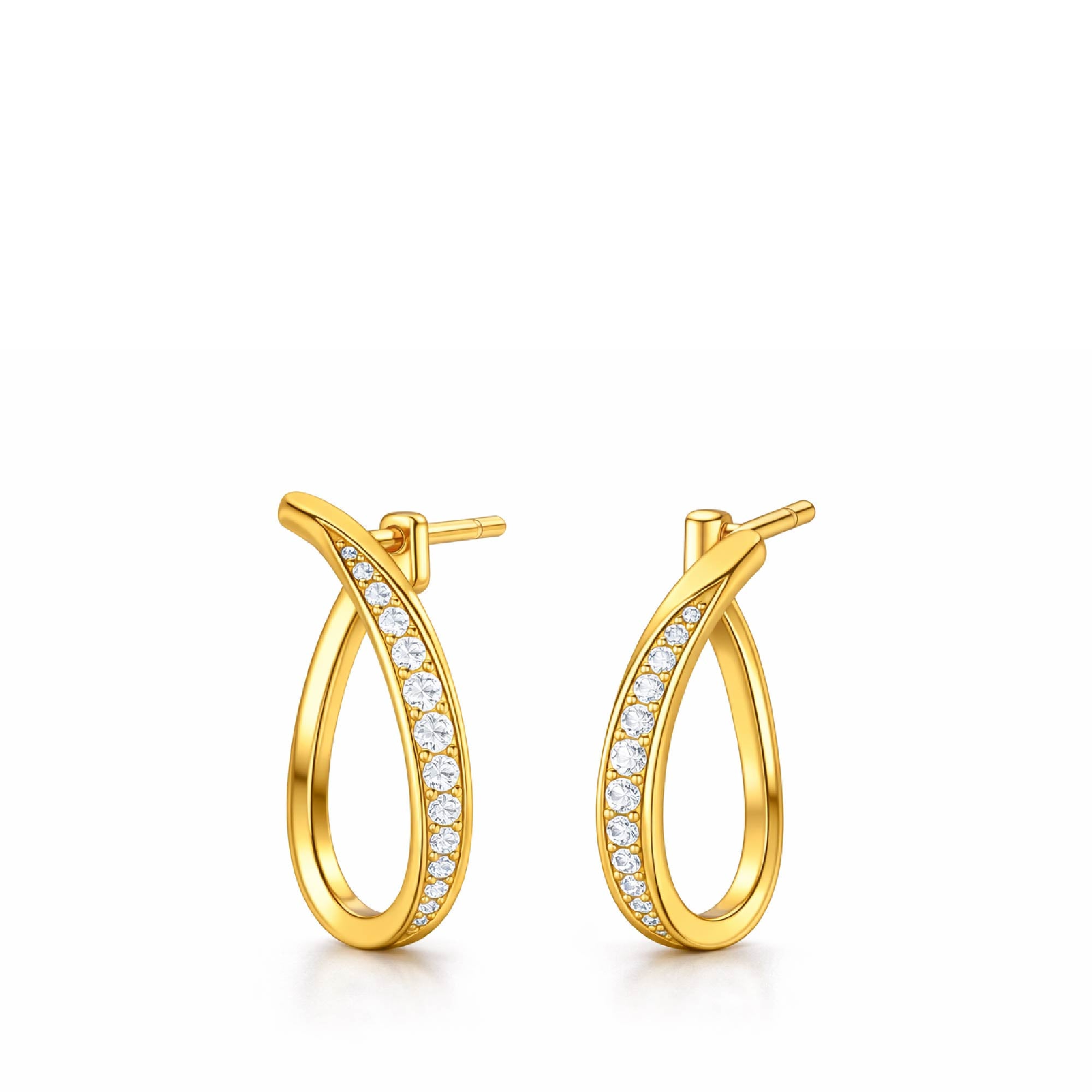 Gold hoop earrings with embedded diamonds on a white background