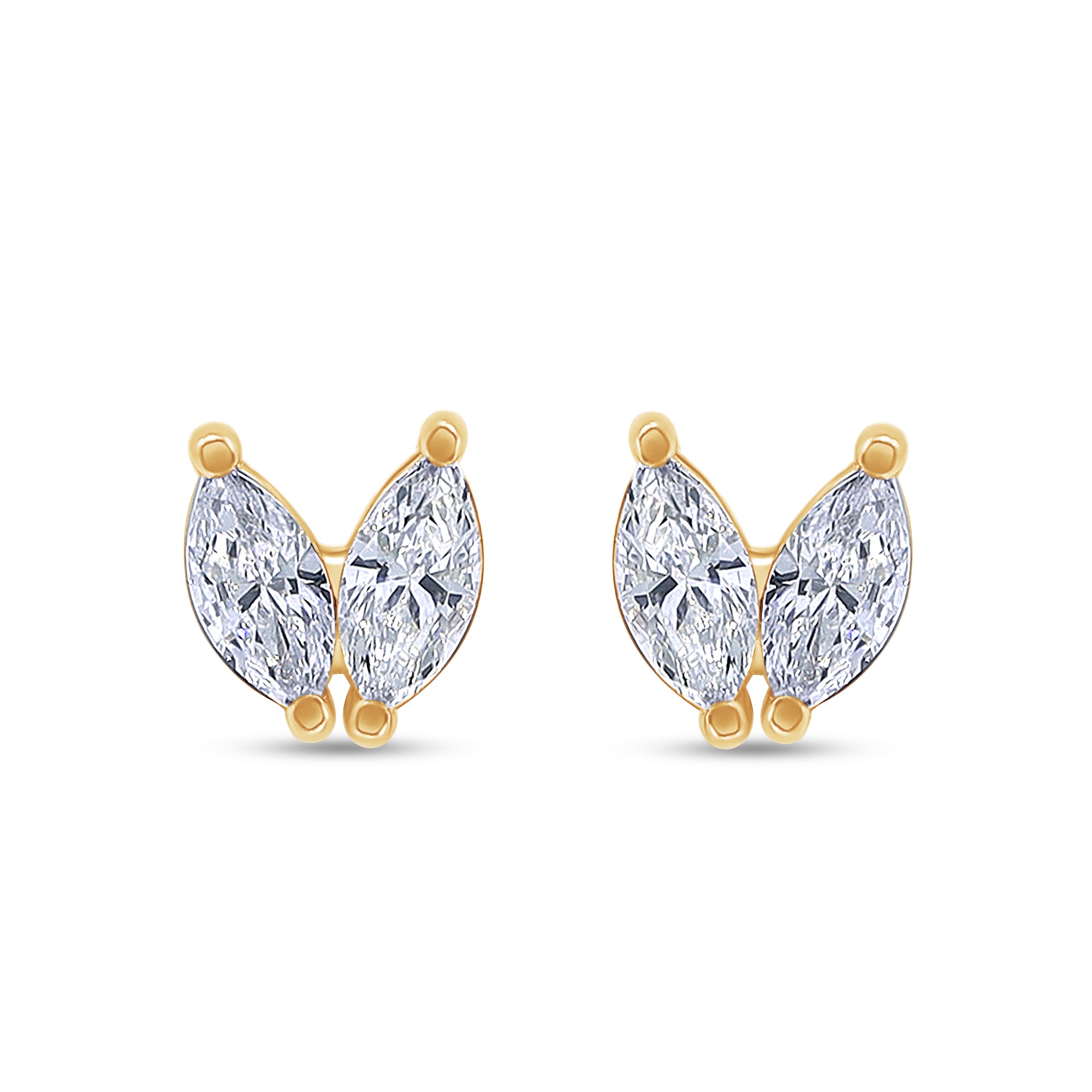 Gold earrings with clear gemstones on a white background