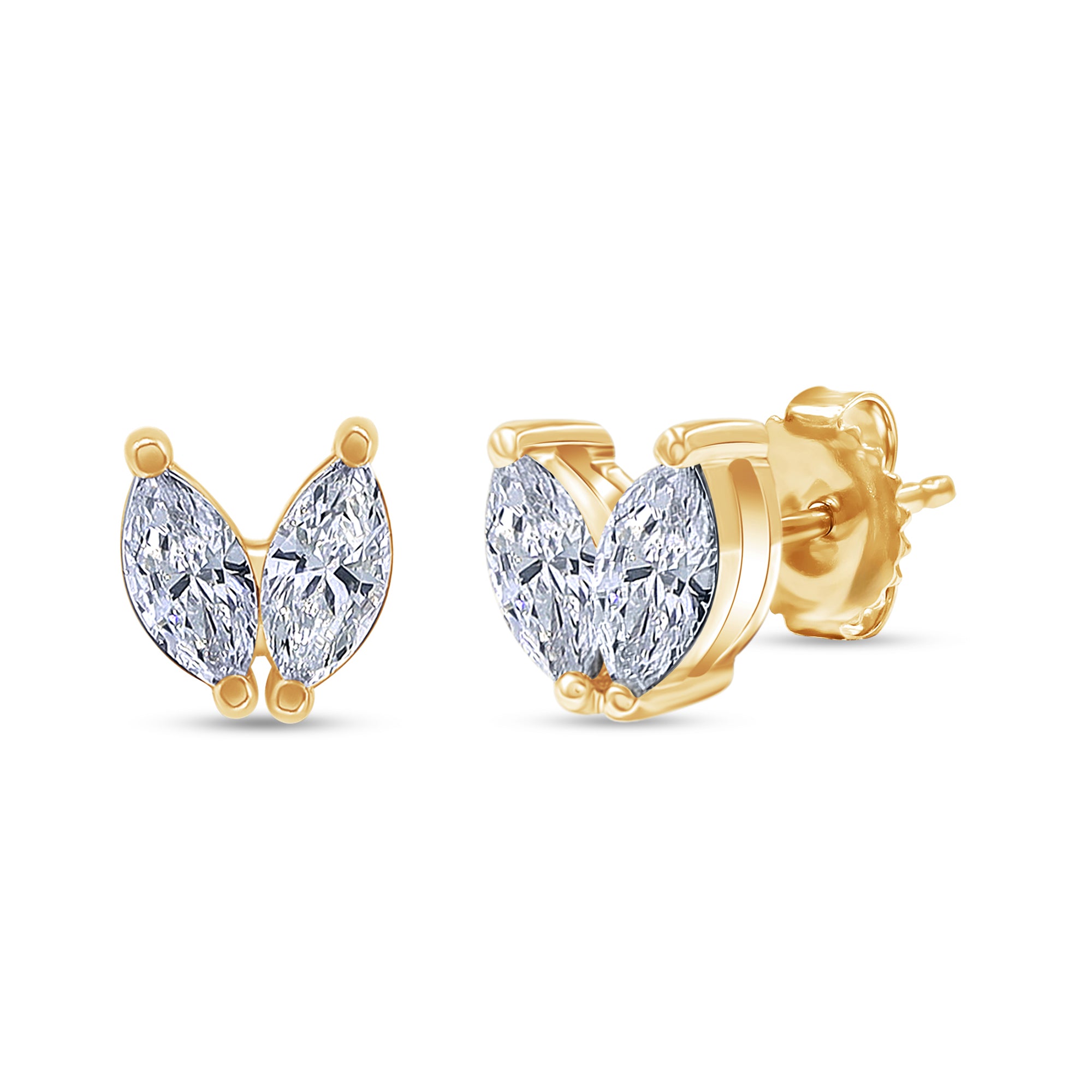 Gold heart-shaped earrings with clear gemstones on a white background
