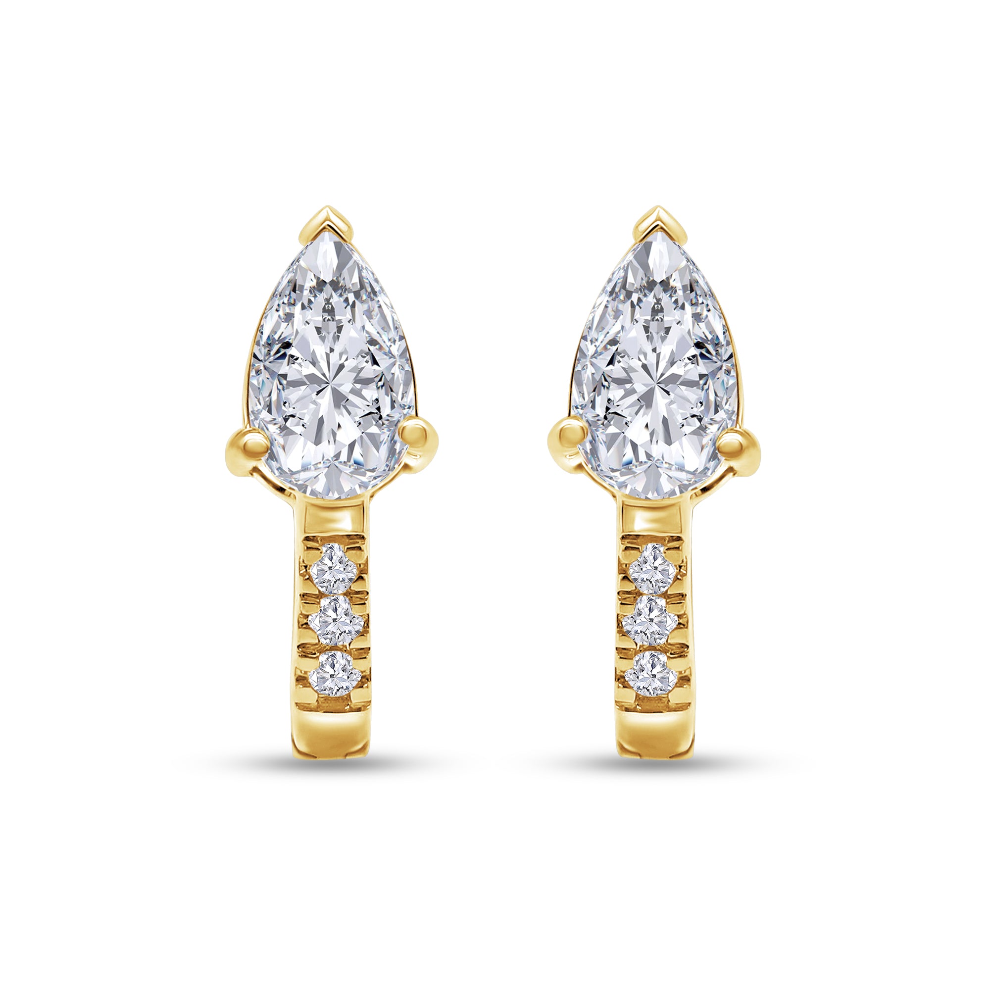 Gold earrings with pear-shaped diamonds on a white background