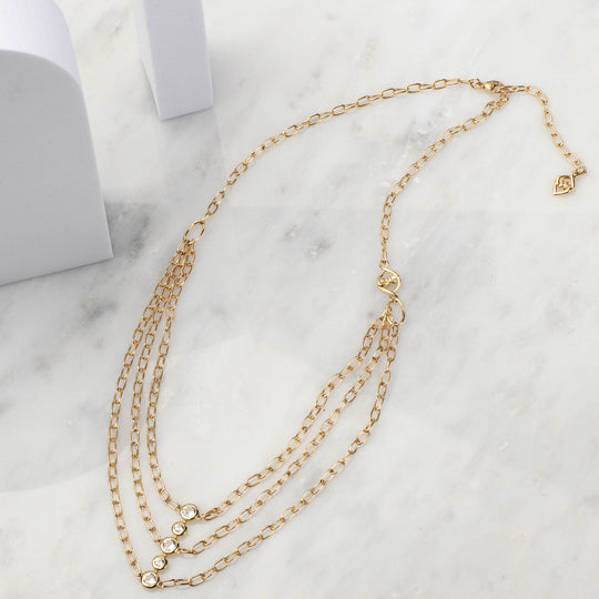 Solid Gold White Sapphire Layered Bib Necklace