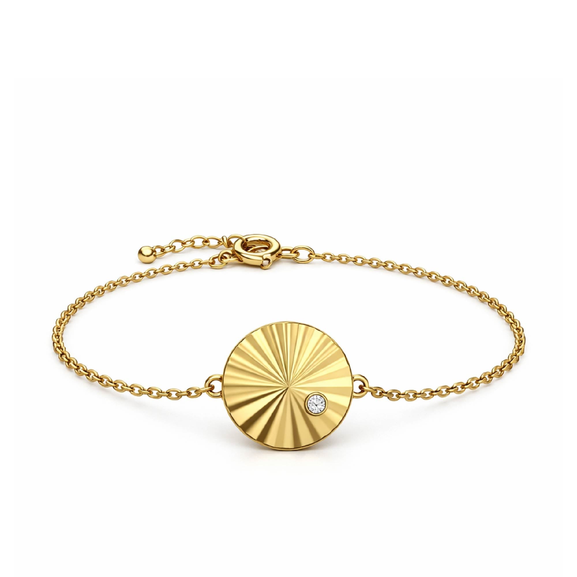 Silver bracelet with a circular pendant on a white background