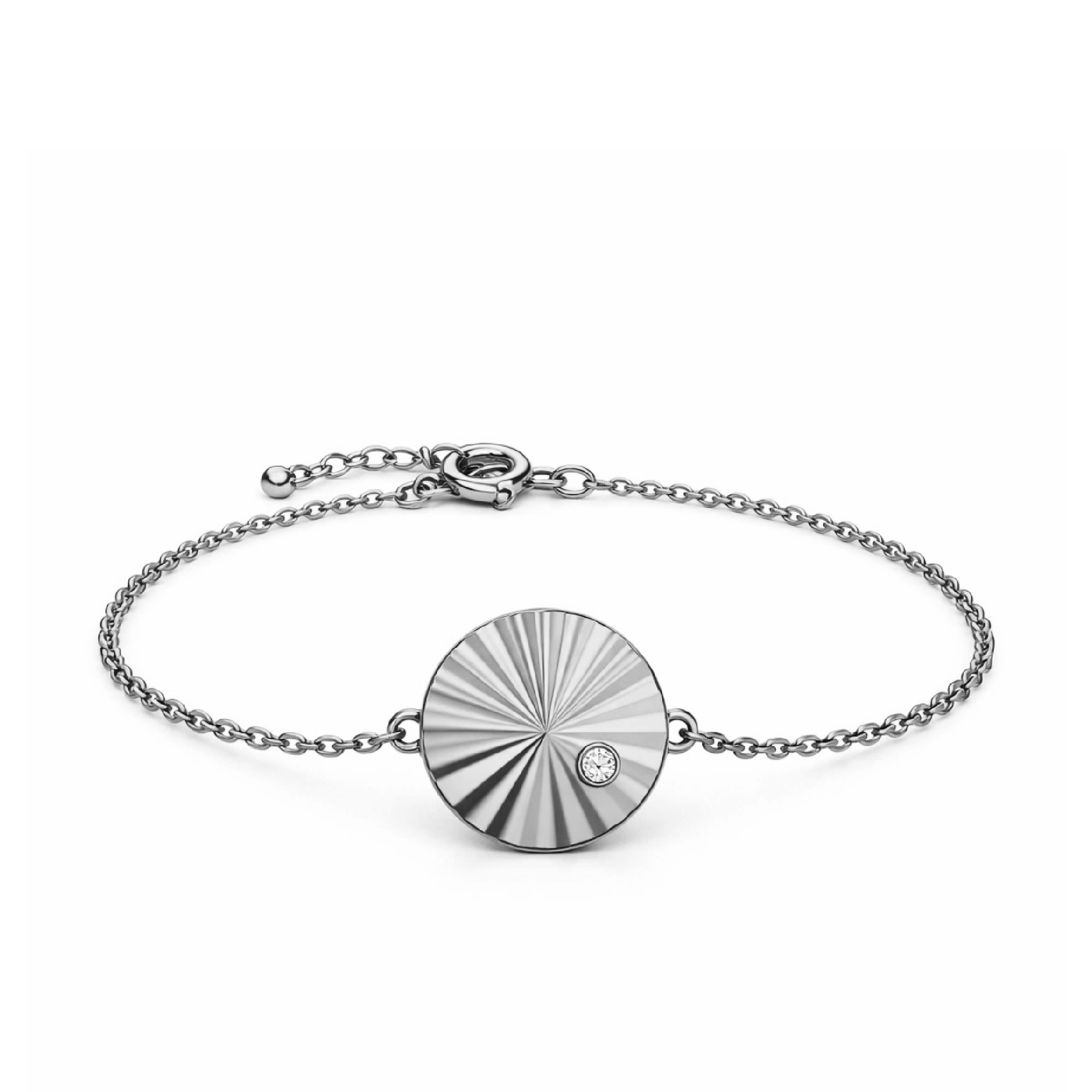 Silver bracelet with a circular pendant on a white background