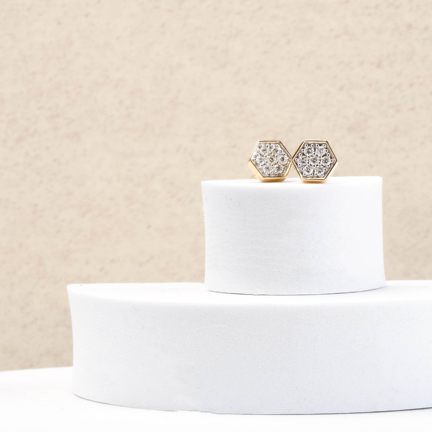 White Diamond Stud Earrings | White Sapphire Yellow Gold Hexagon Studs