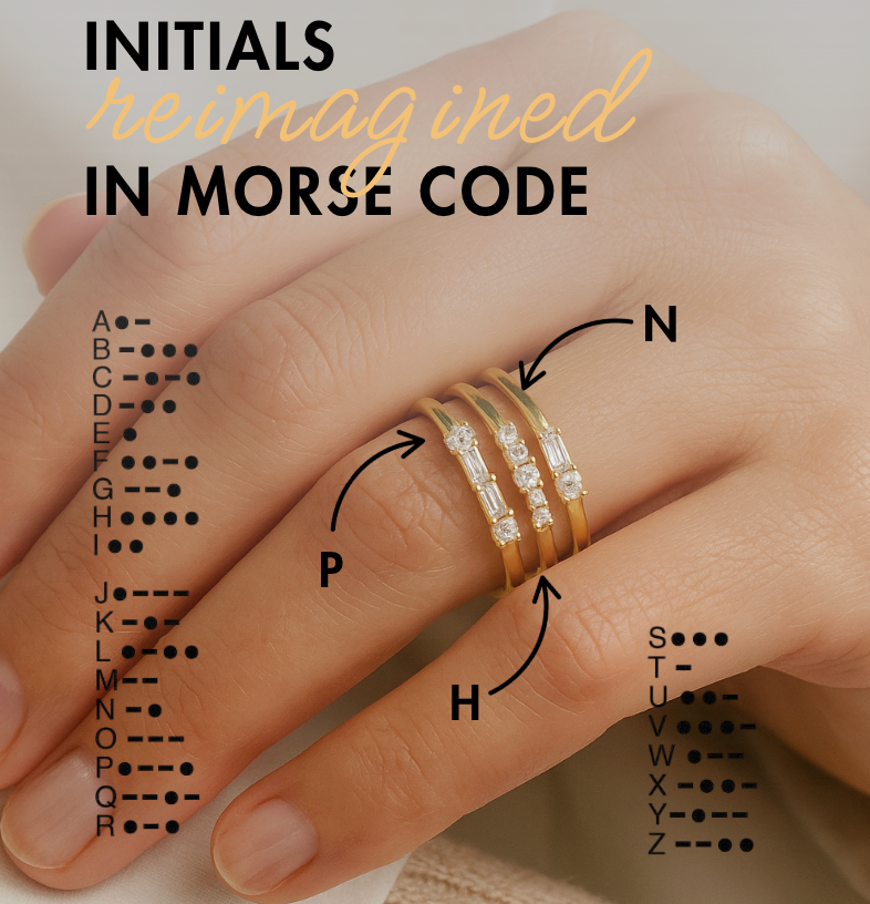 Gold and diamond rings on a hand with Morse code text overlay