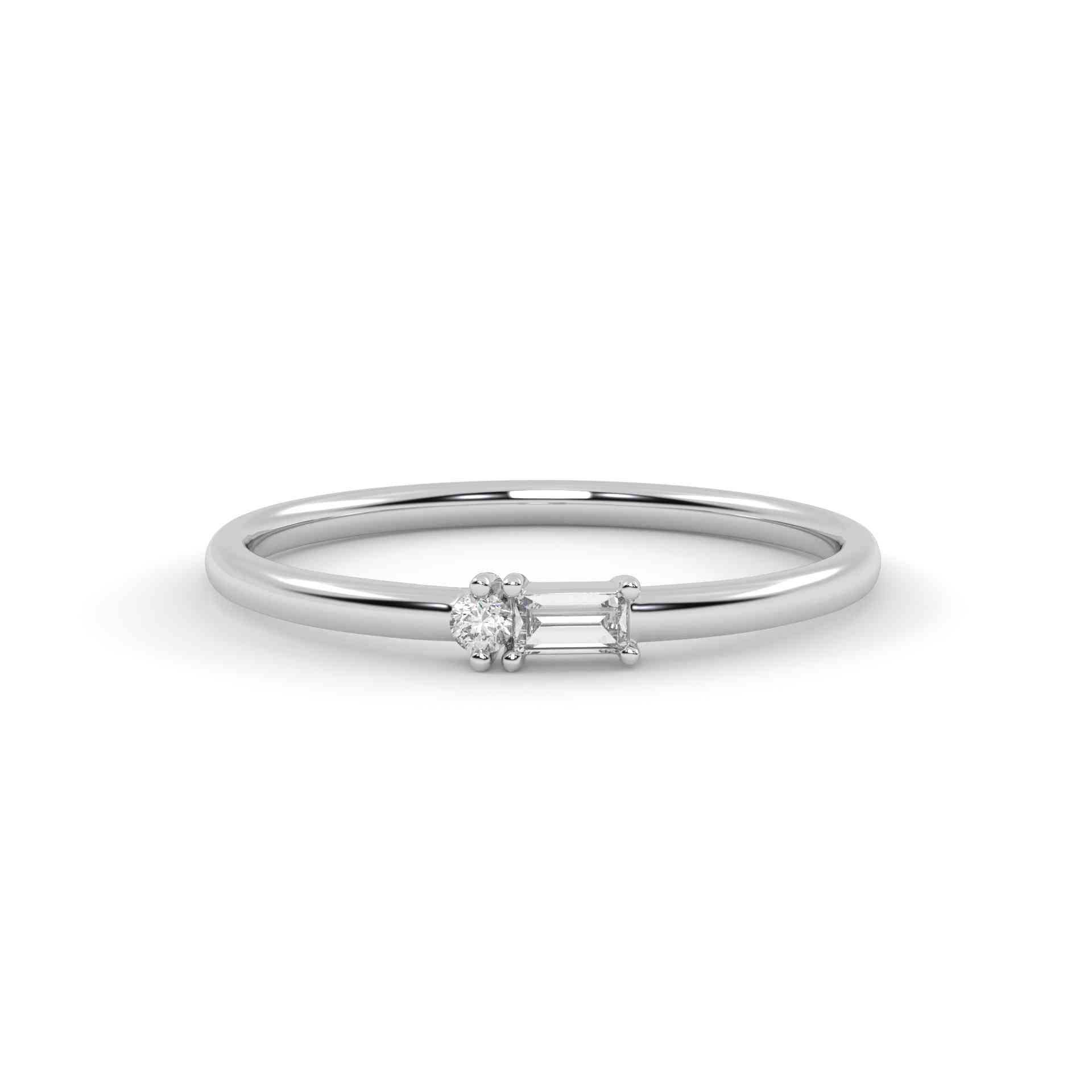 Silver ring with two small diamonds on a white background