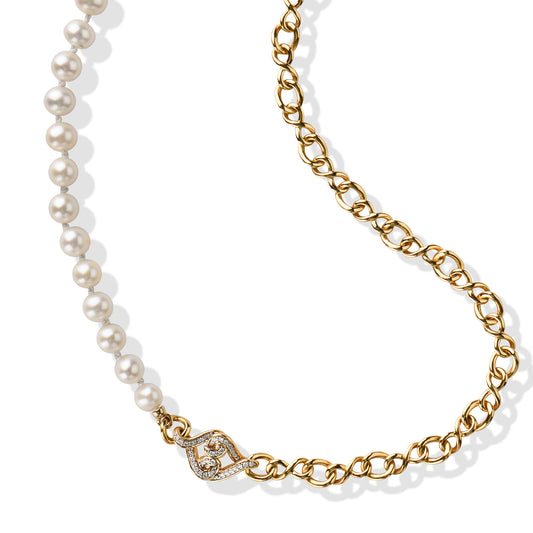 Solid Gold Natural White Diamond Pearl Necklace