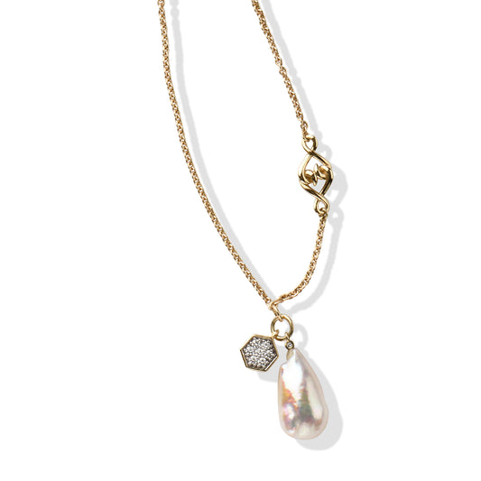 Solid Gold White Sapphire Baroque Pearl Necklace