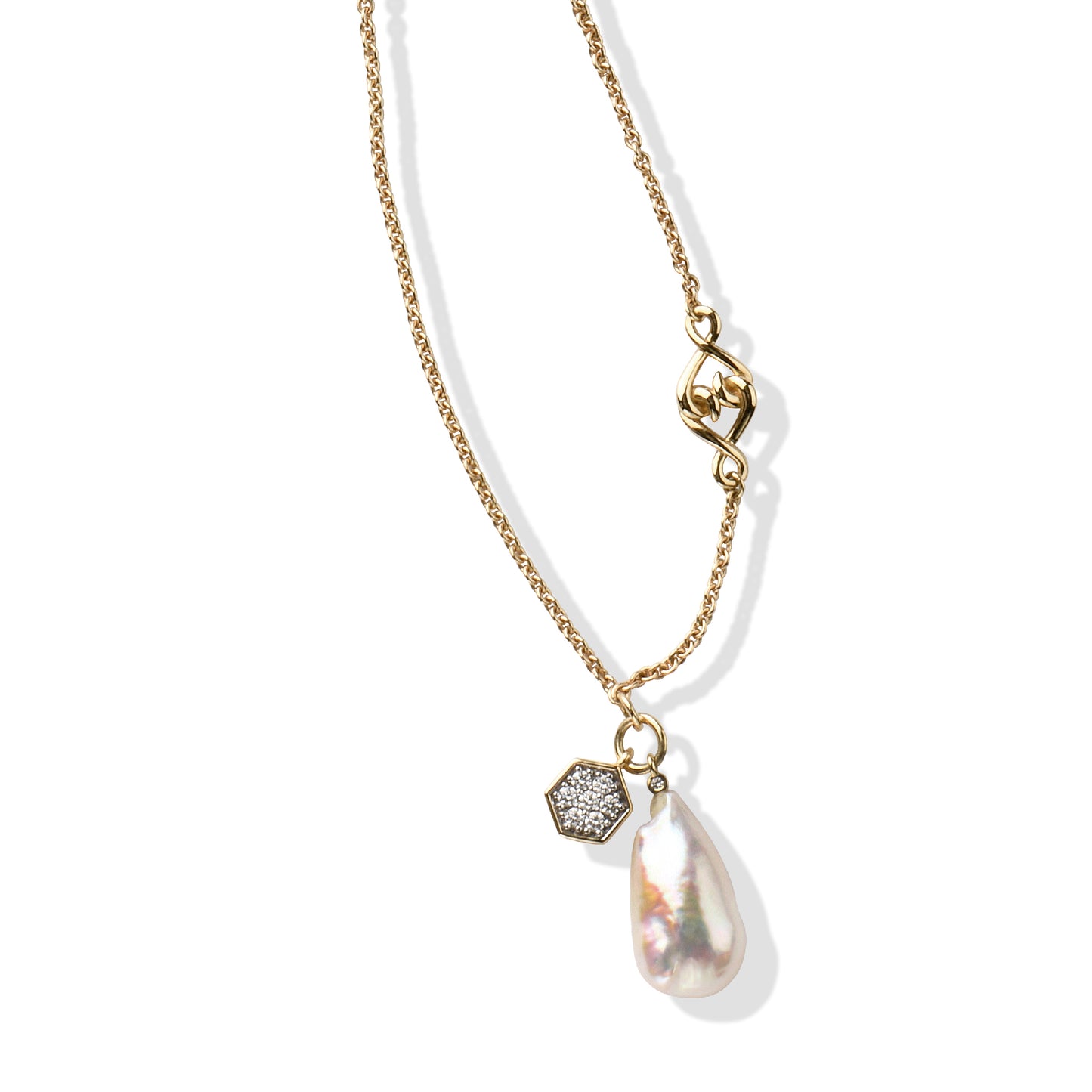 Gold Pearl Necklace | 19.5" Pearl Diamond Necklace with Yellow Gold Chain