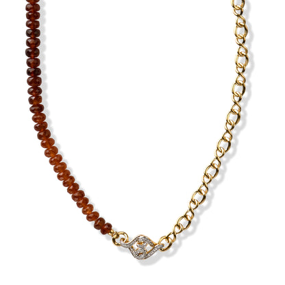 Solid Gold Red Hessonite Natural White Diamond Necklace
