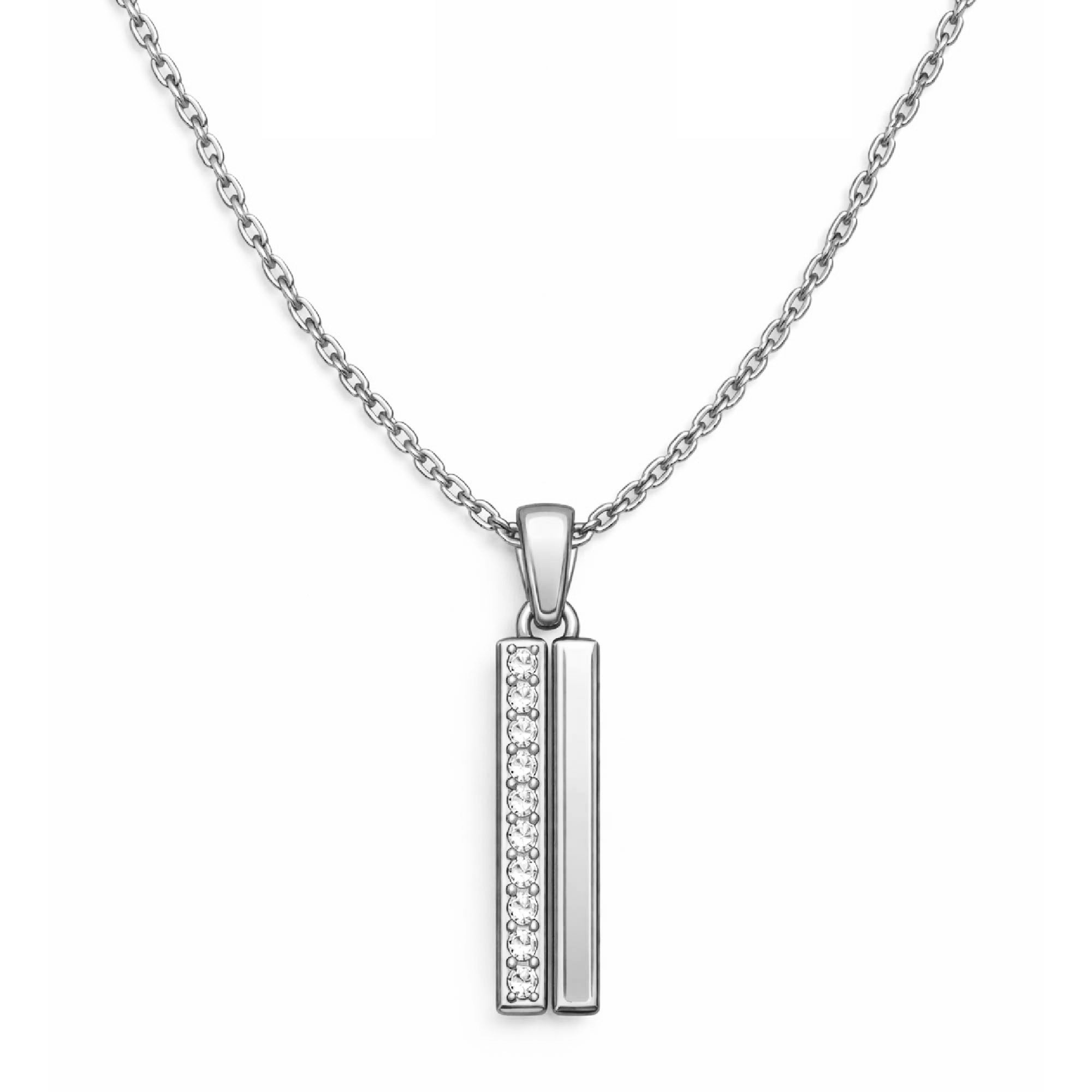 Silver pendant necklace with a chain on a white background