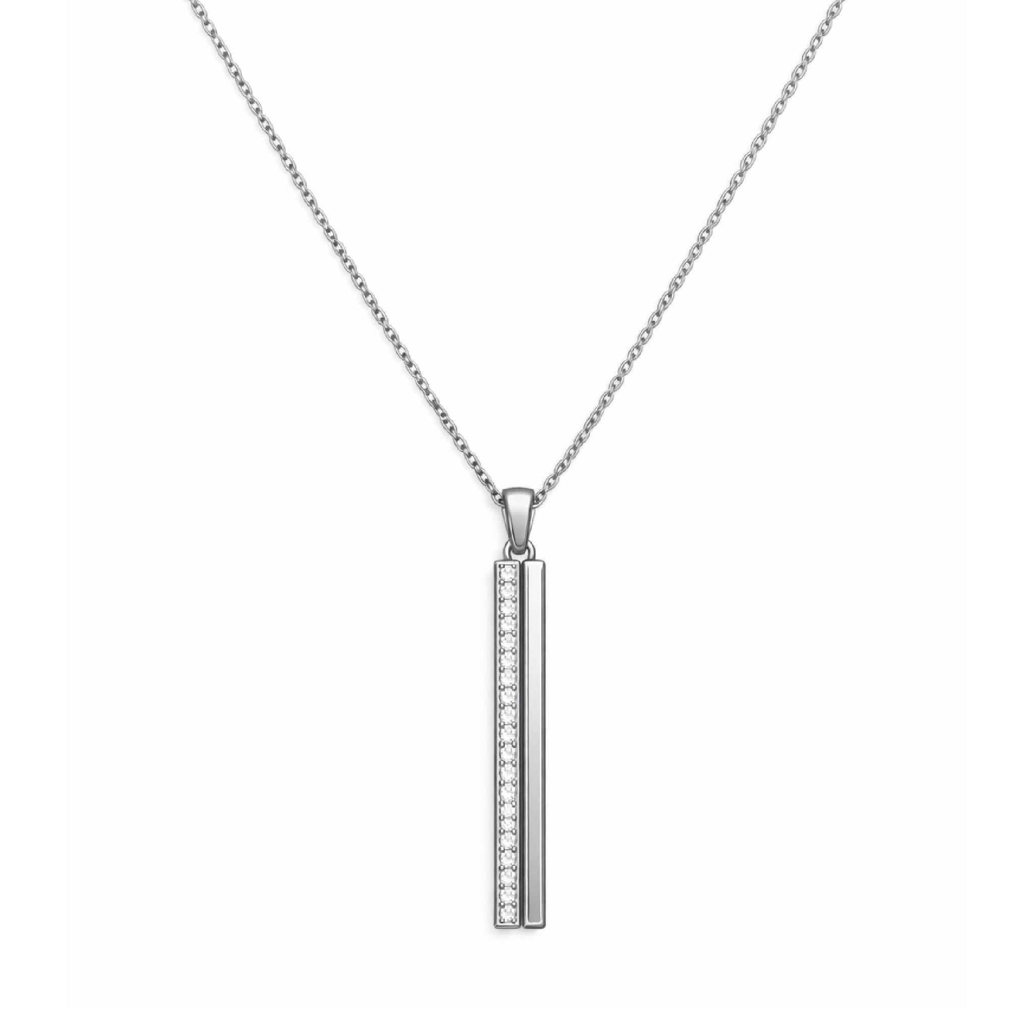 Silver necklace with a vertical bar pendant on a white background