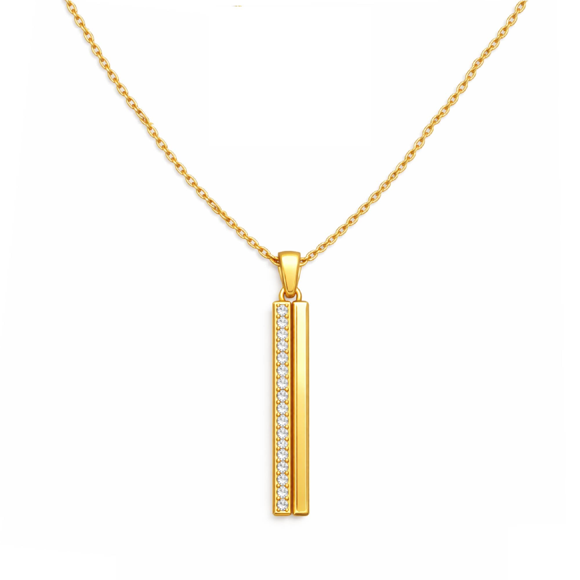 Gold necklace with a cylindrical pendant on a white background
