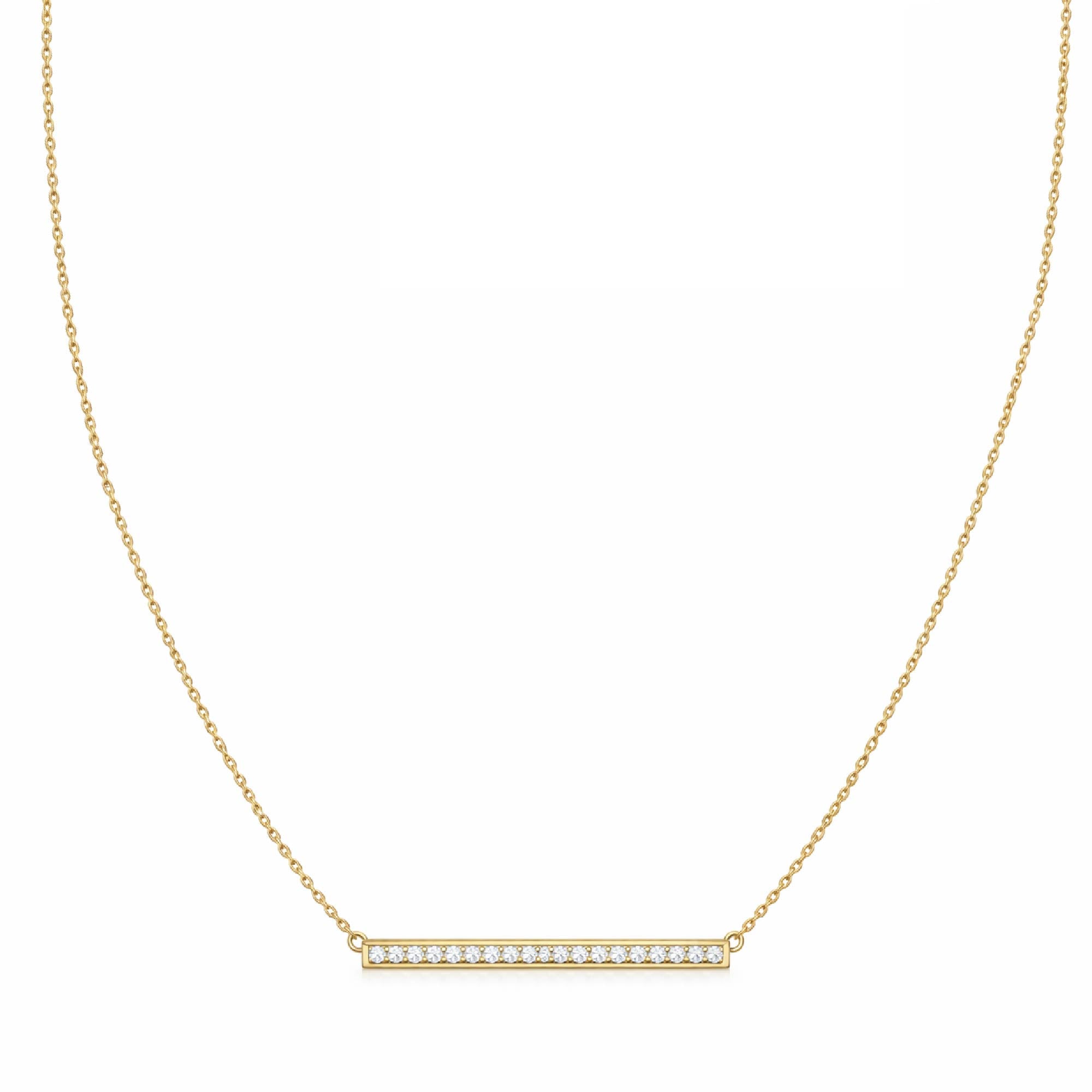 Gold necklace with a bar pendant on a white background