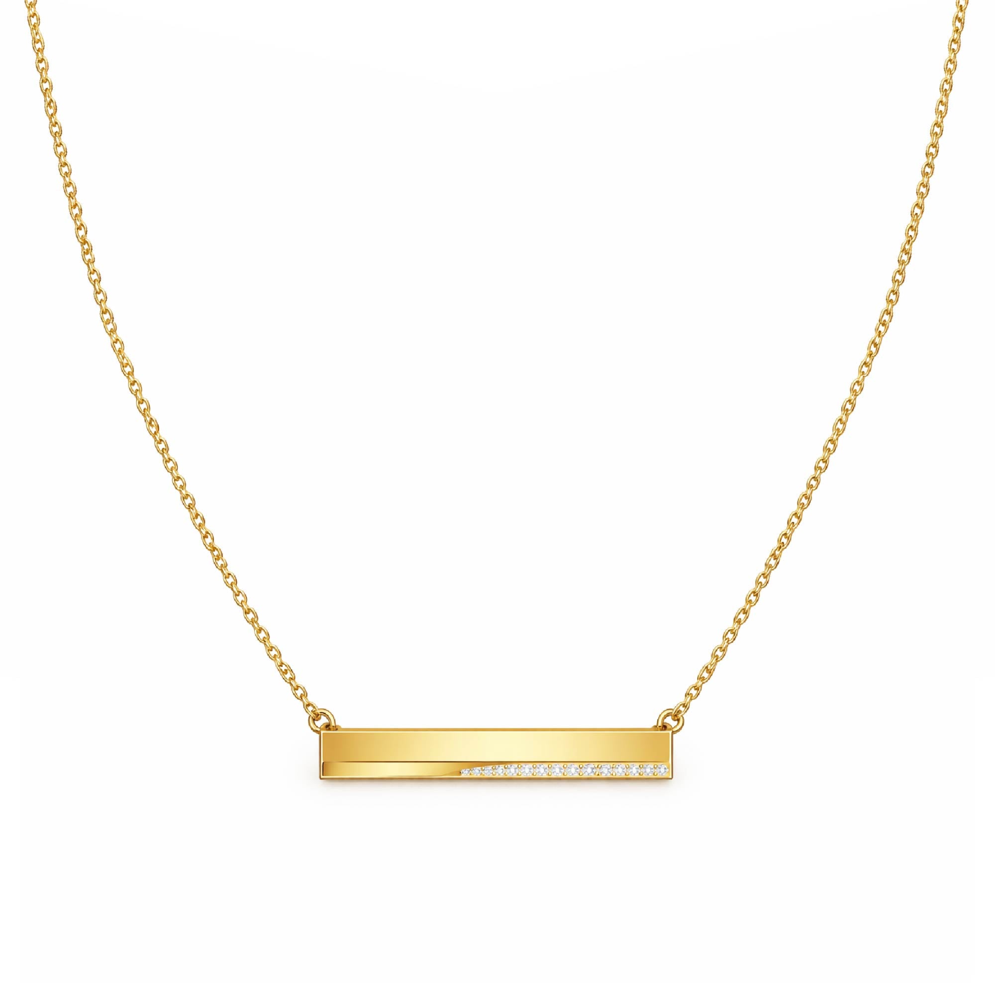 Gold necklace with a bar pendant on a white background