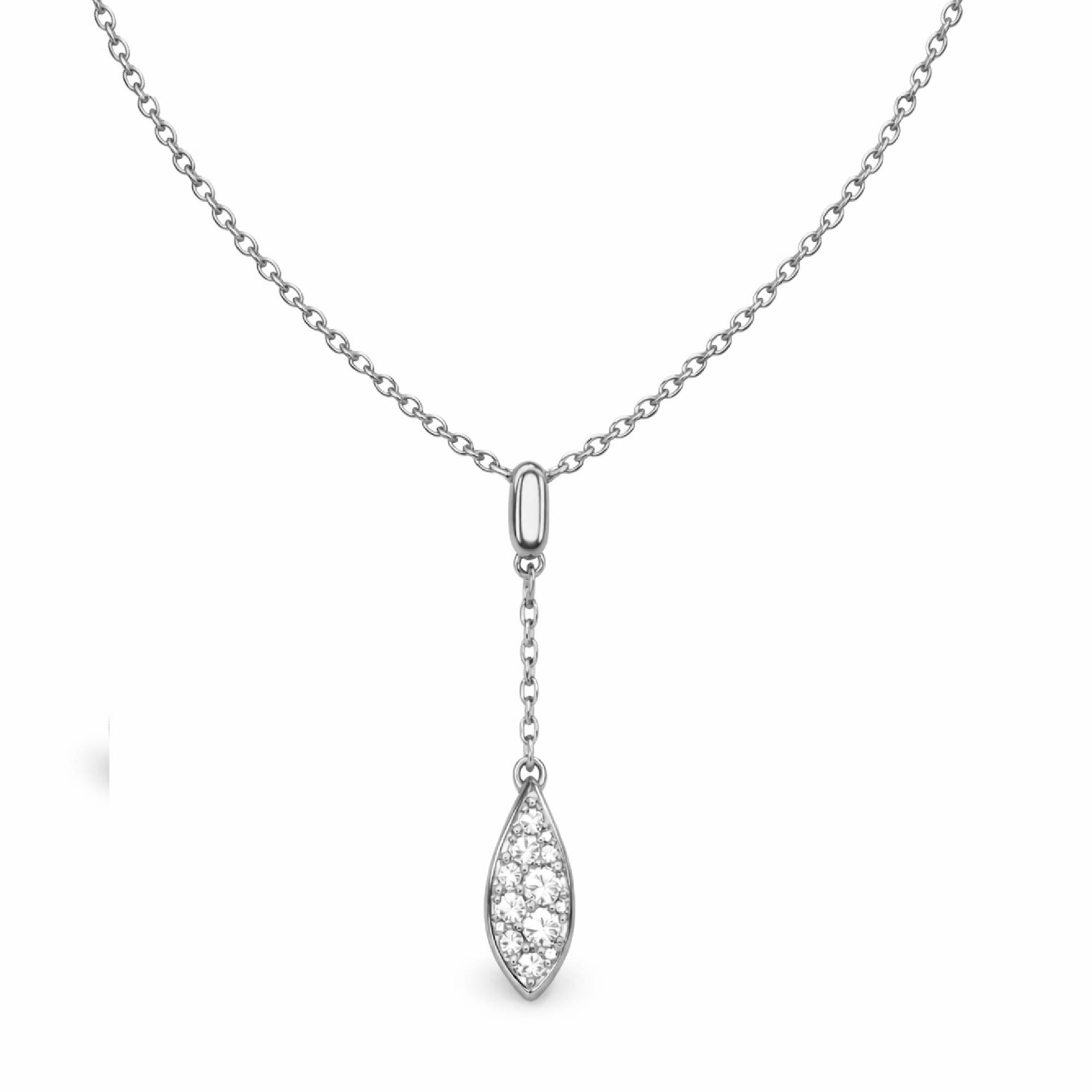 Silver necklace with a teardrop-shaped pendant on a white background