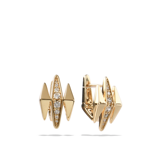 Gold Diamond Earrings | Yellow Gold and Natural White Diamonds Triptych Angle Earrings