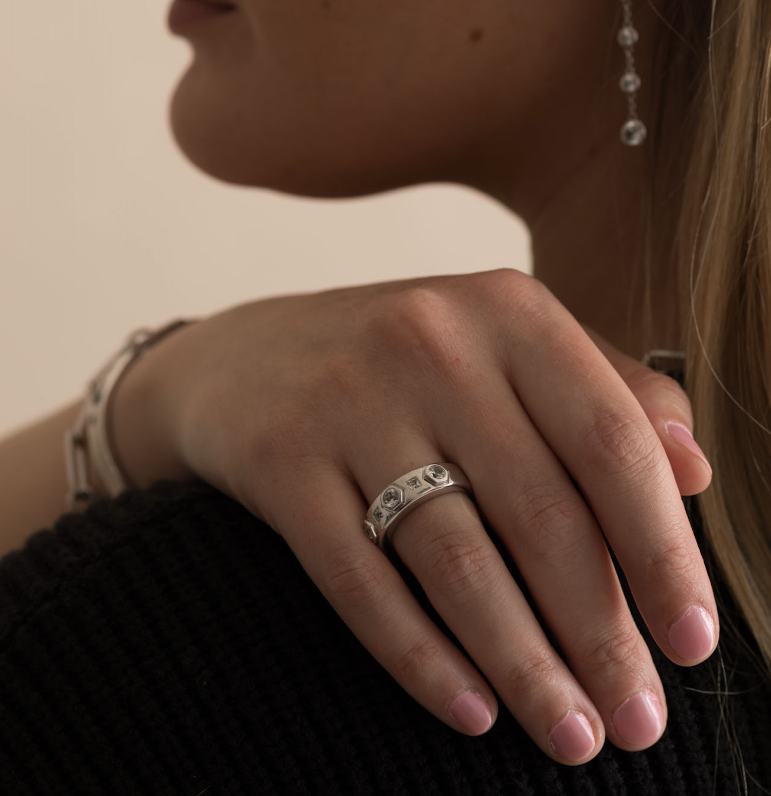 The Noa Sterling Silver Hexagon Ring