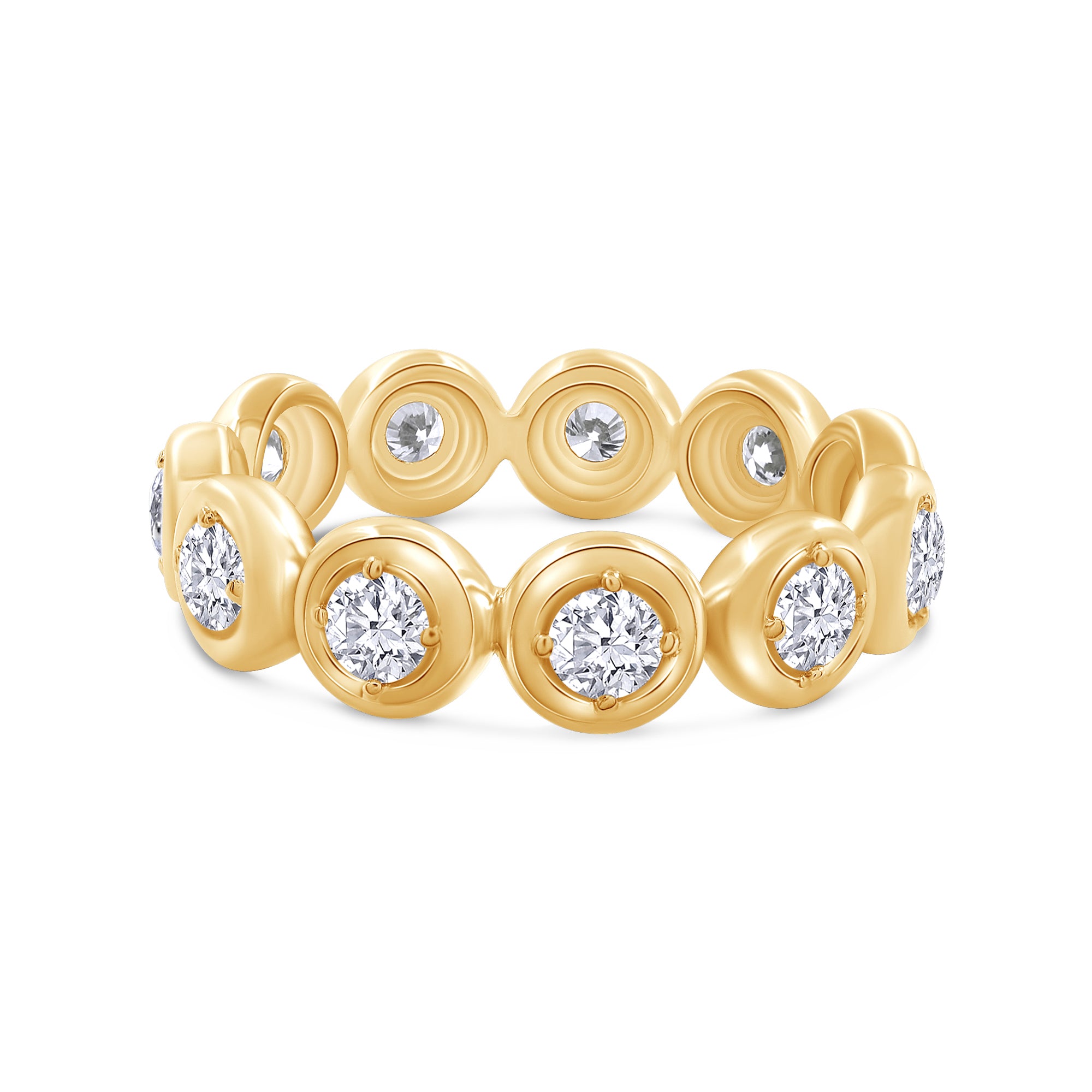 Gold ring with circular design and embedded diamonds on a white background
