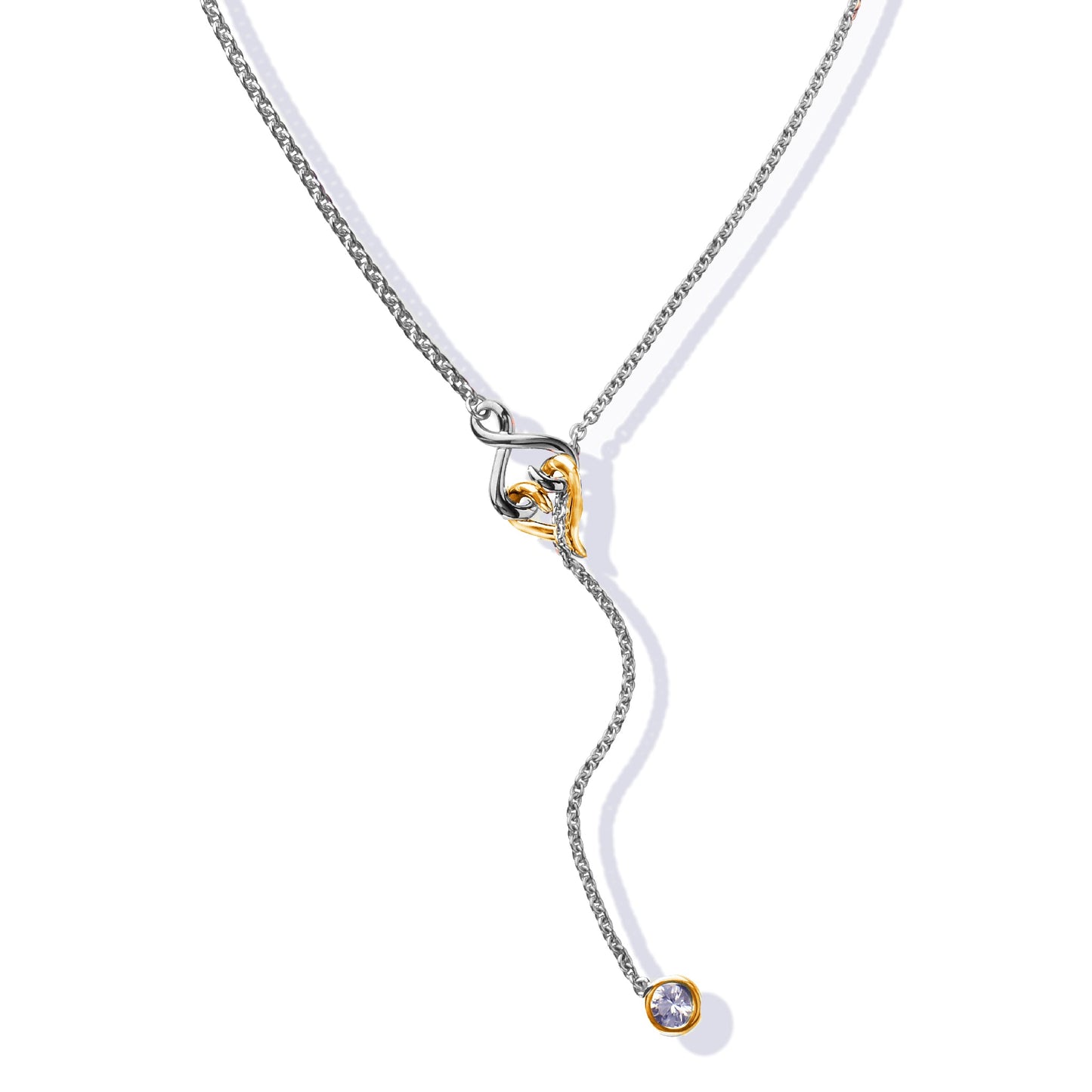 Y Necklace | White Sapphire Sterling Silver and Yellow Gold Heart Lariat Necklace