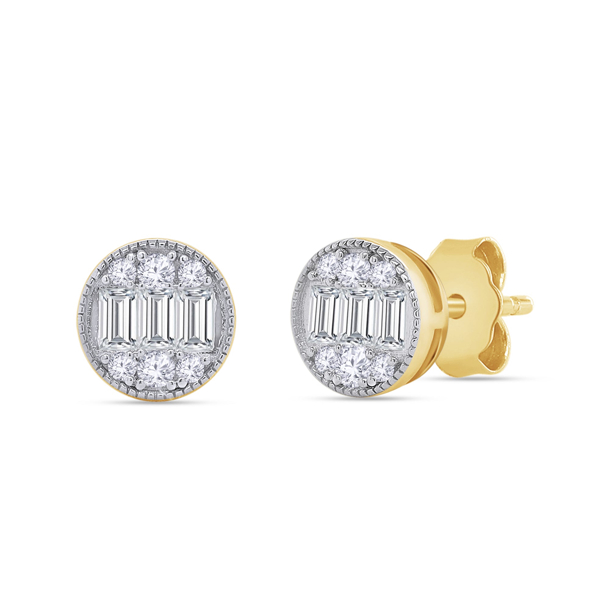 Gold and silver stud earrings with diamond accents on a white background