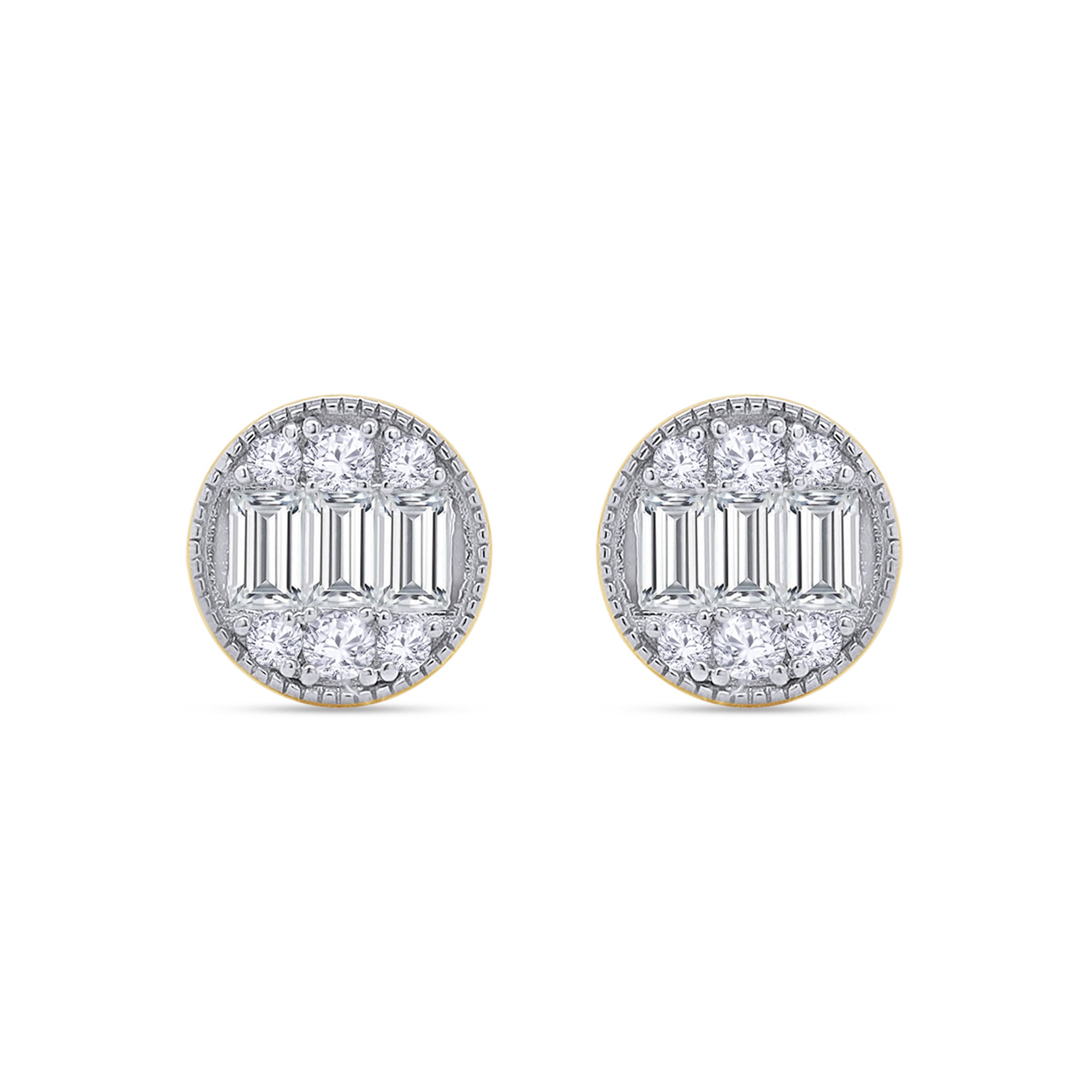 Pair of diamond earrings with baguette and round stones on a white background