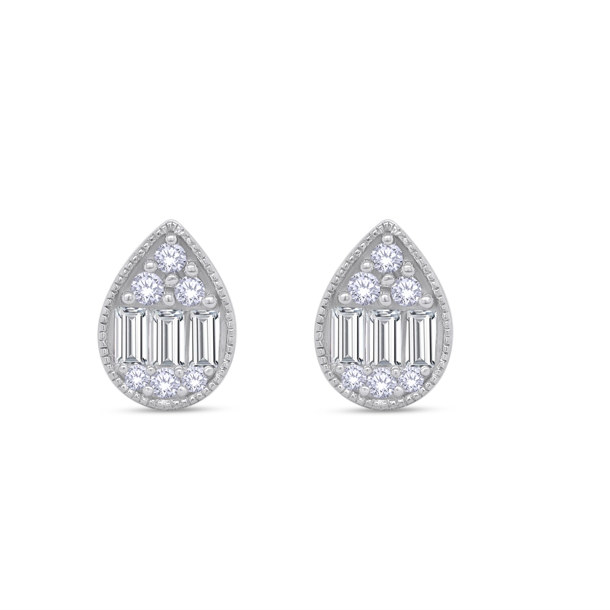 Teardrop-shaped diamond earrings on a white background