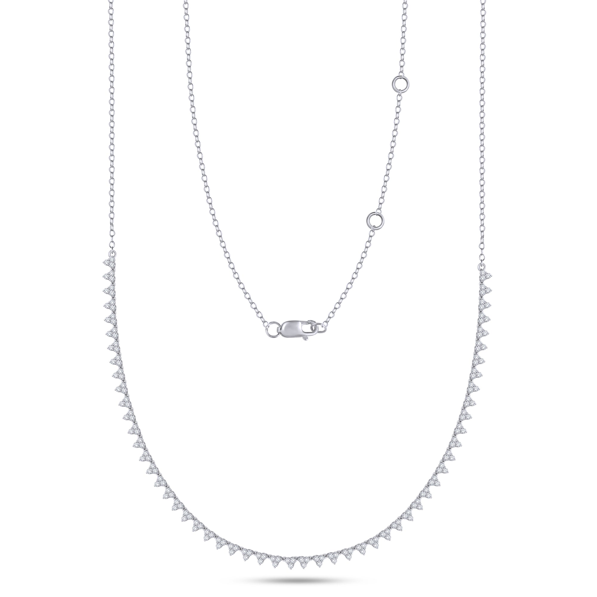 Silver necklace with small diamonds on a white background