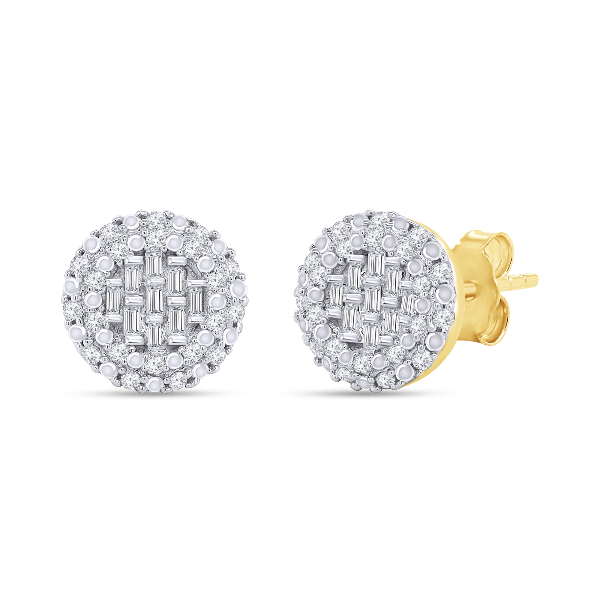 Pair of round diamond earrings with gold and silver details on a white background