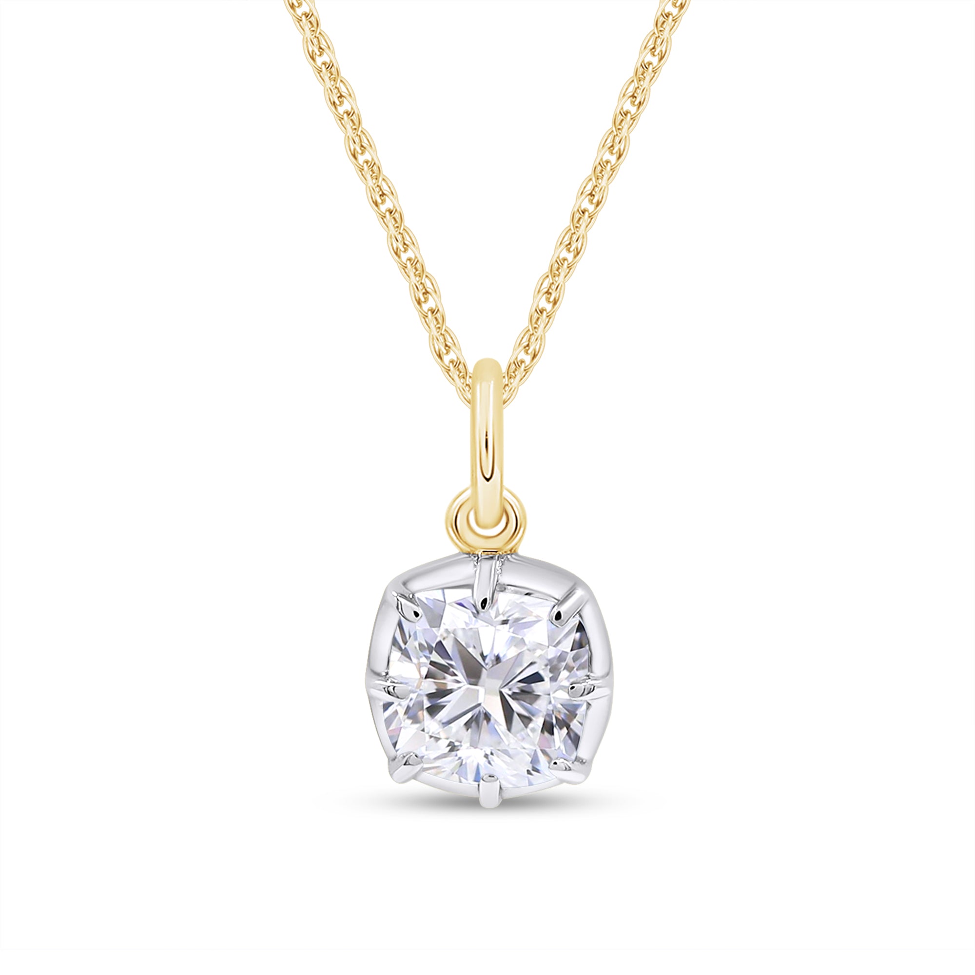 Gold necklace with a diamond pendant on a white background