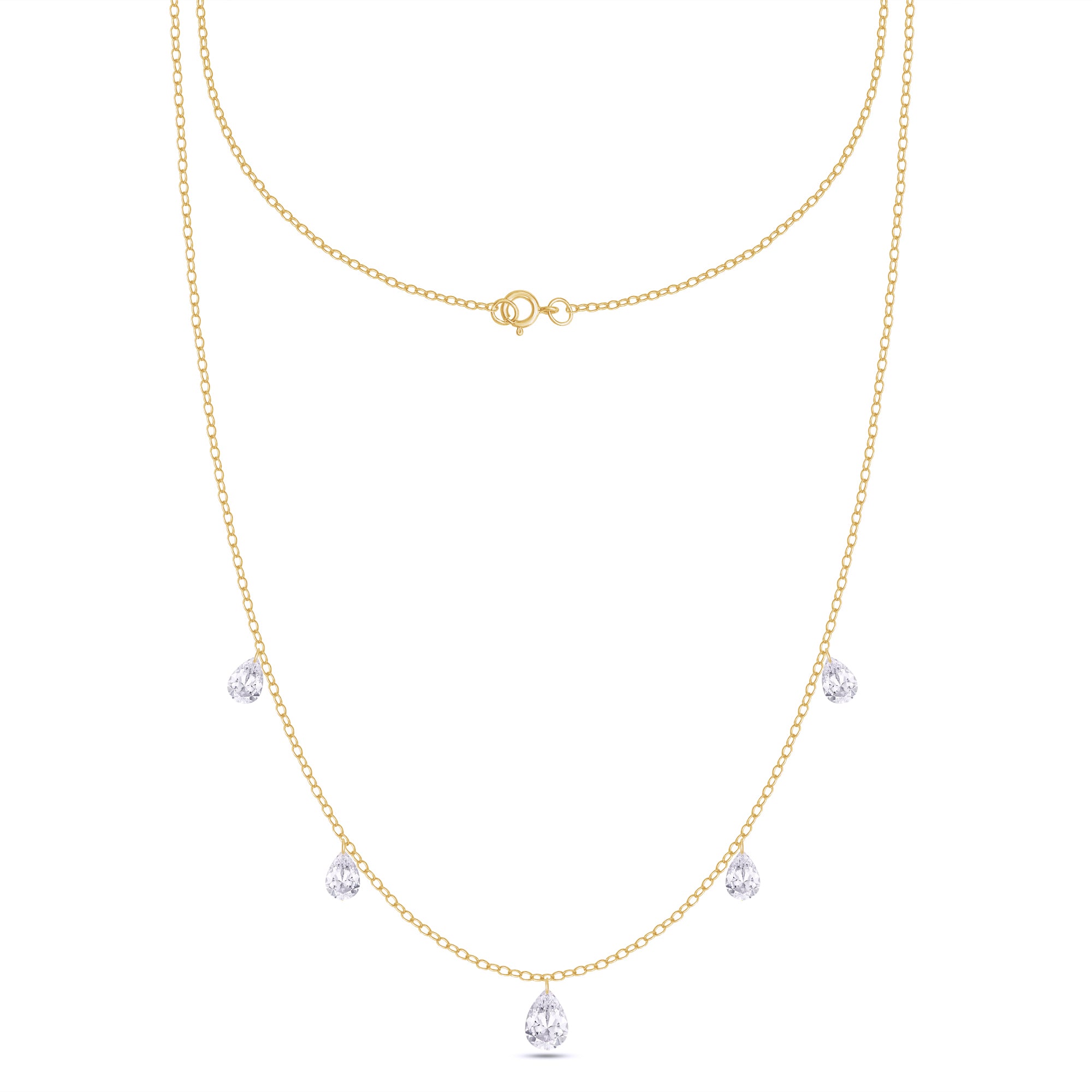 Gold necklace with small diamonds on a white background