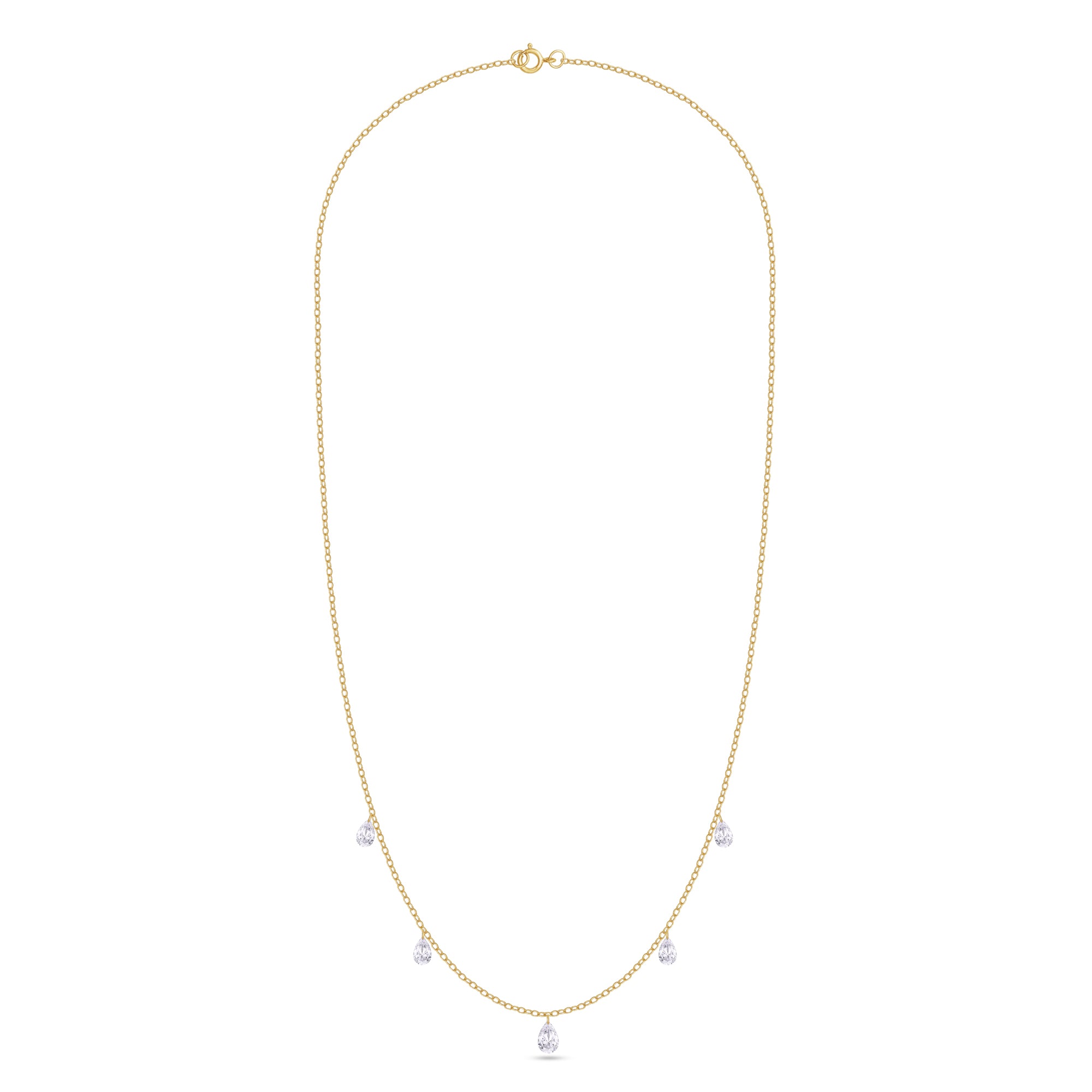 Gold necklace with small pearls on a white background