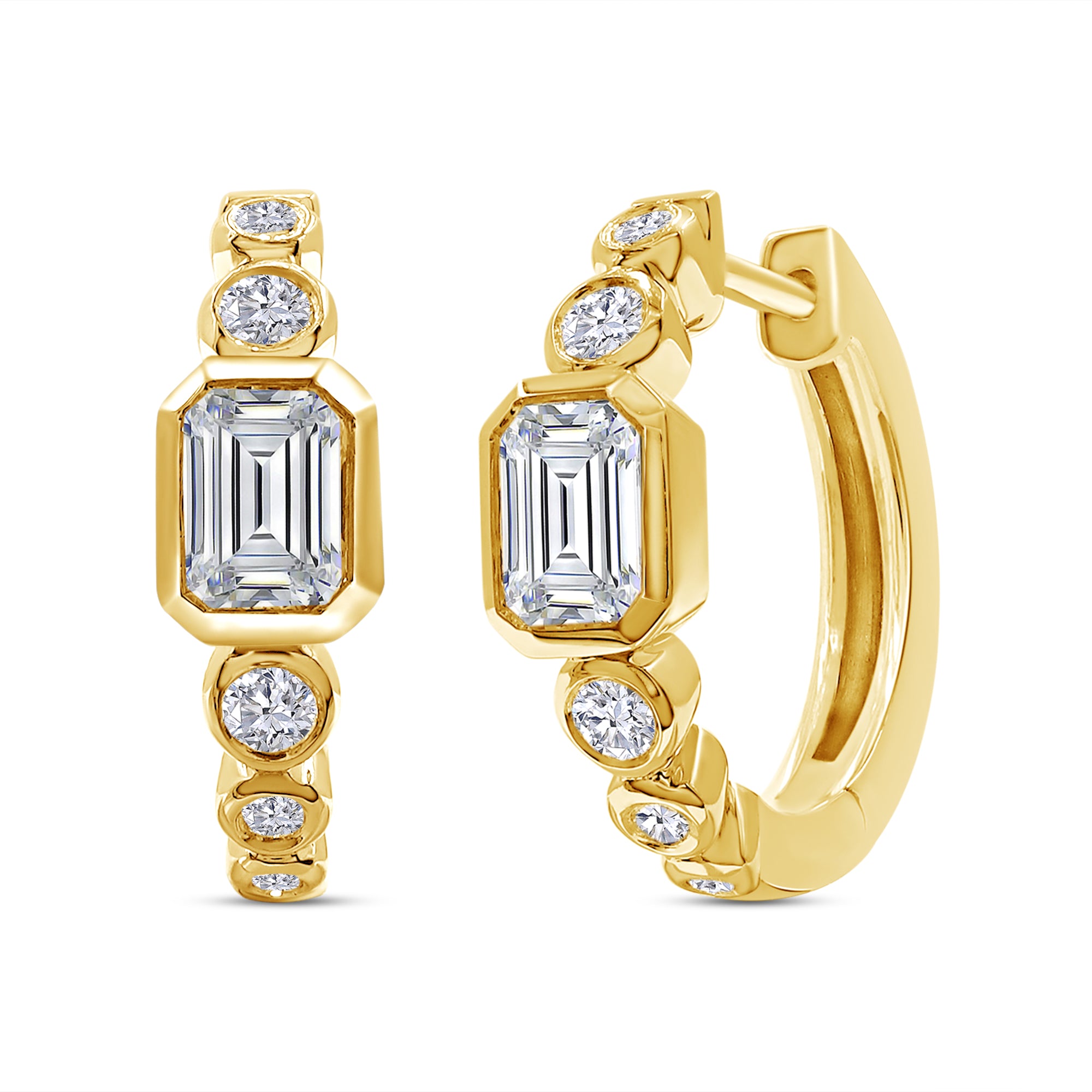 Gold hoop earrings with emerald-cut diamonds on a white background