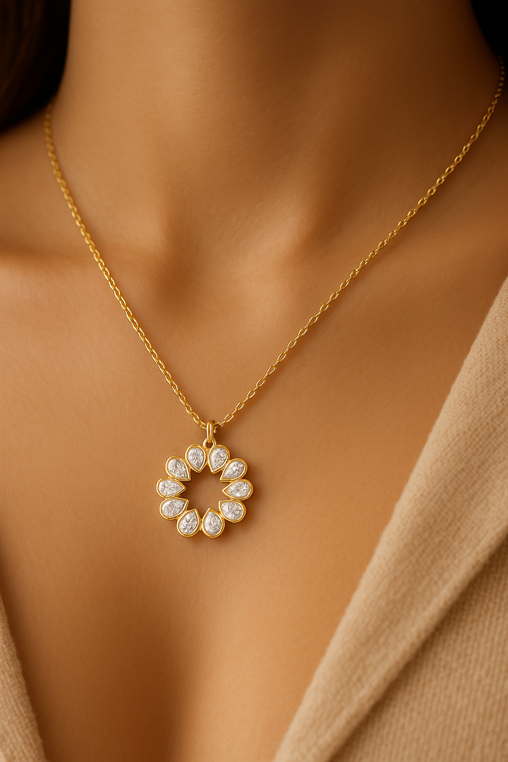 Gold necklace with a circular pendant on a model wearing a beige top.
